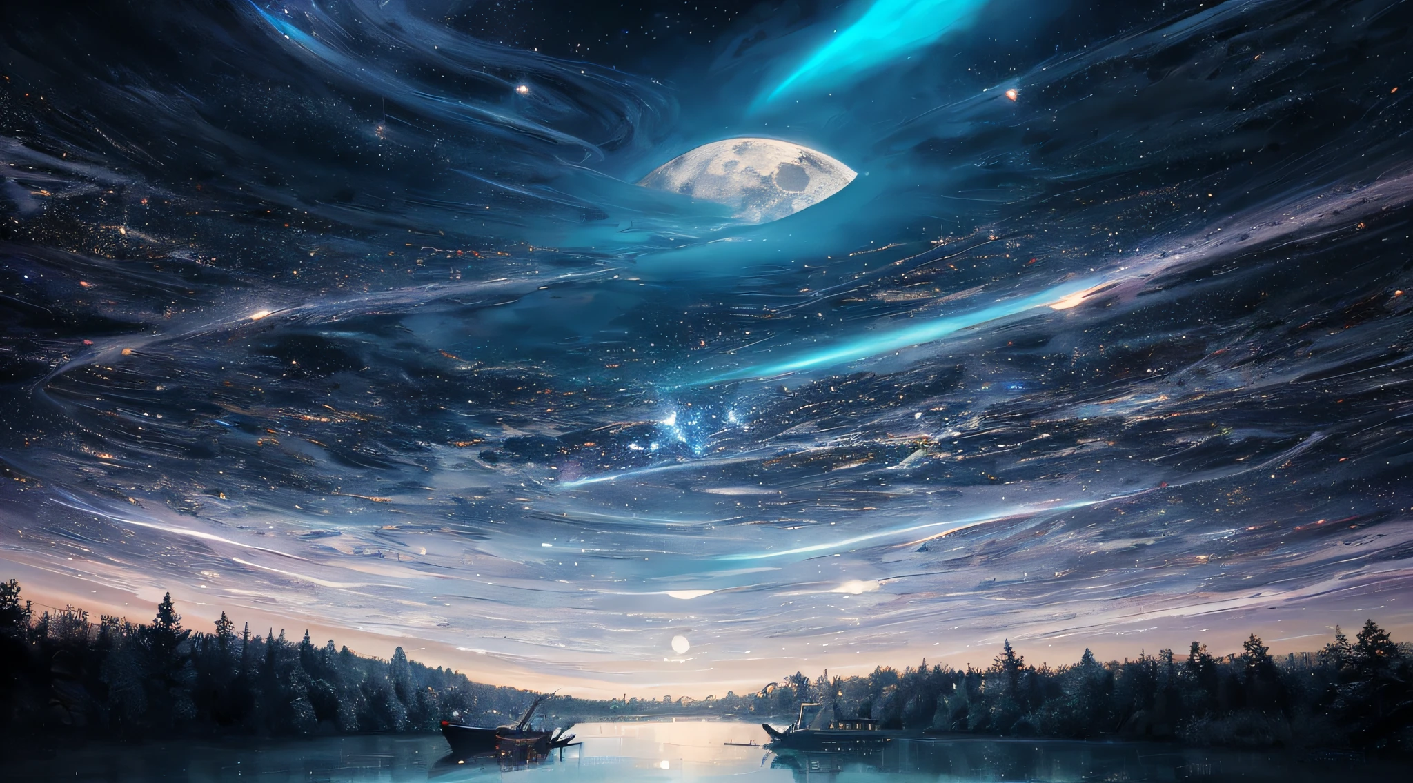 starry night sky with a boat and a full moon, in the astral plane ) ) ), surreal space, magnificent background, 4k highly detailed digital art, dreamlike digital painting, beautiful sci fi art, endless cosmos in the background, universe in the sky, space art, beautiful space, amazing wallpaper, beautiful image ever created, astral appearance, floating in the universe