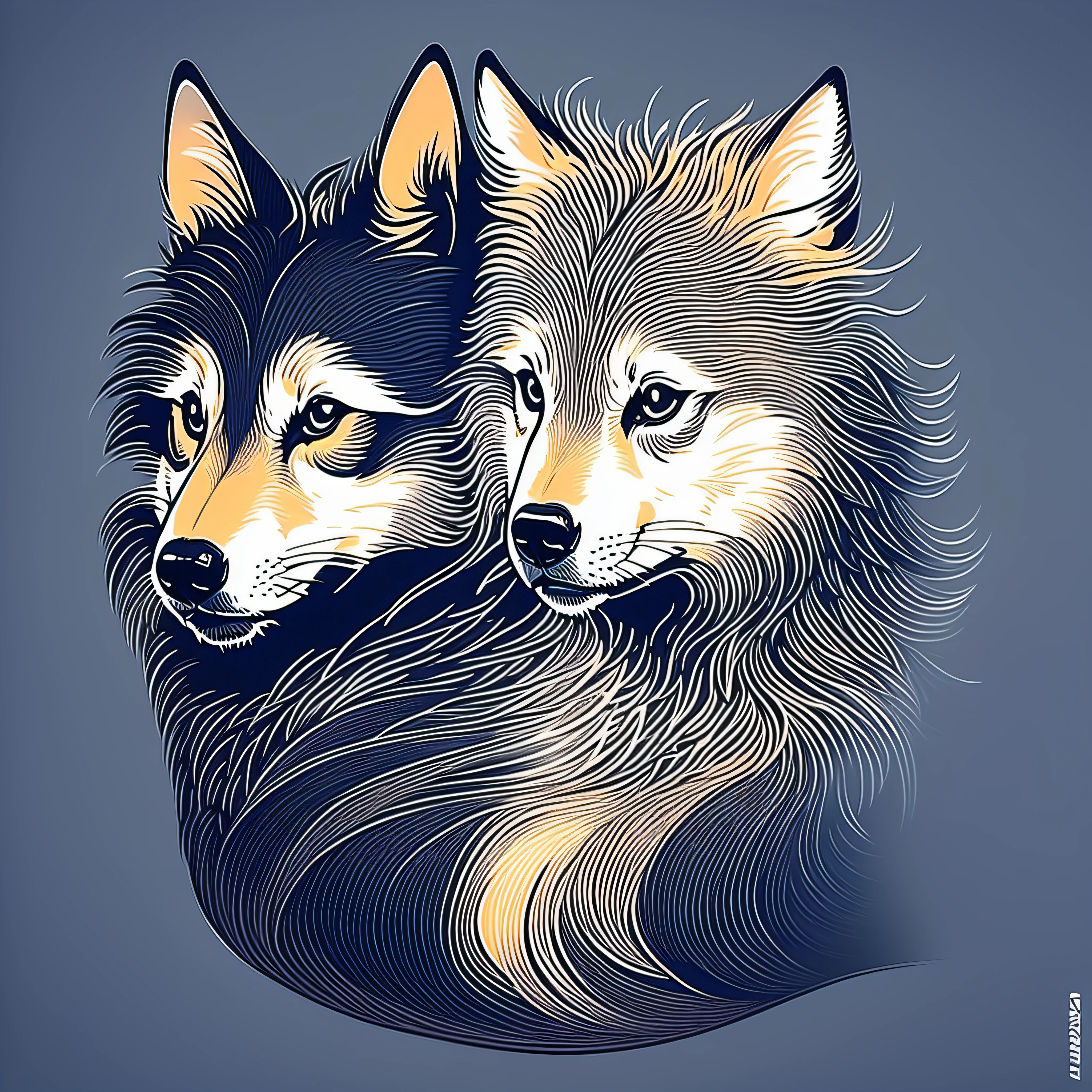 T-shirt logo, round shape,illustration of 2 wolfes, using only black lines. Delimit the shapes and characteristics of the animal with carefully drawn lines, creating an elegant and stylized look. subtle details, finer and more precise lines. transparent background