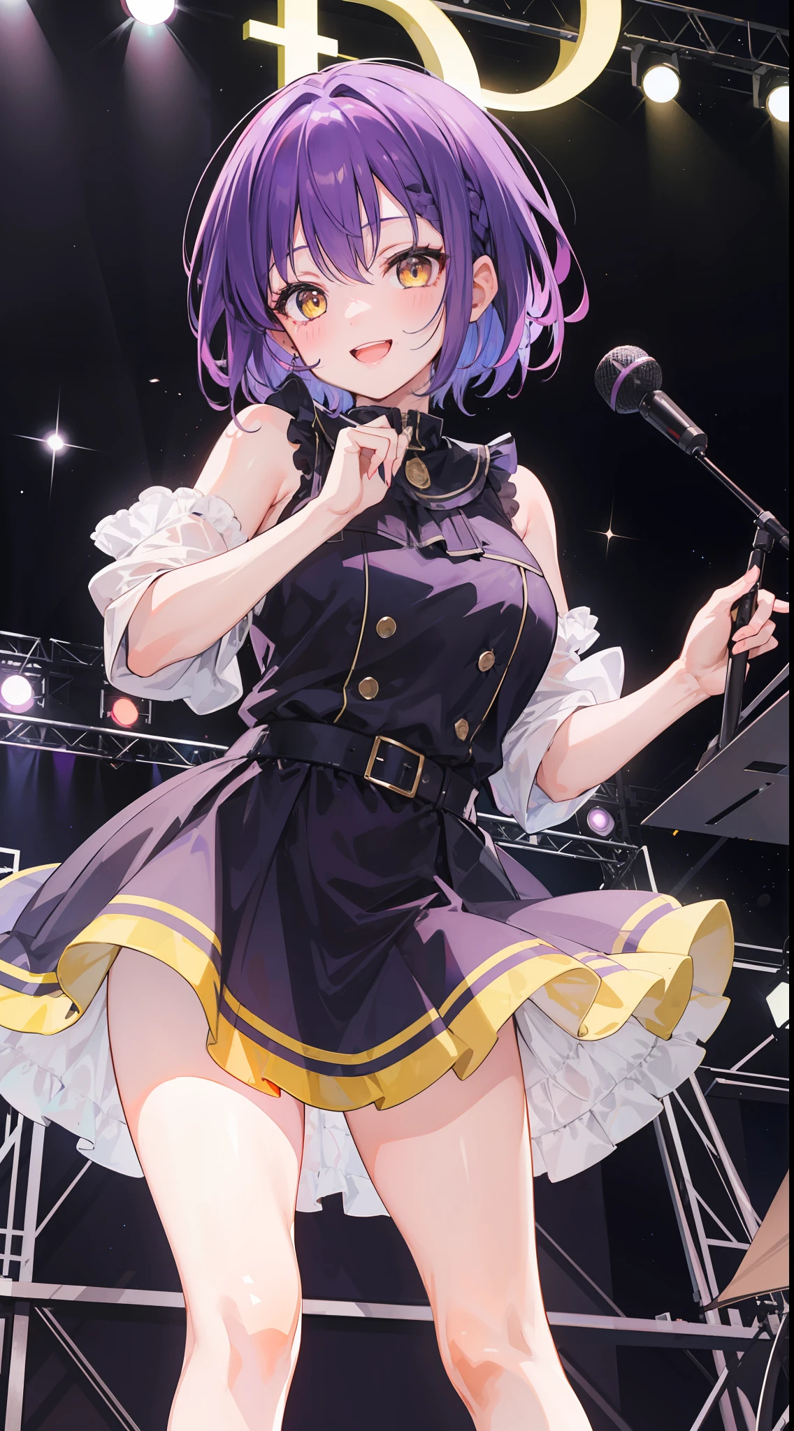 A girl, purple hair and bright yellow eyes, short hair, be on stage, mascular girl, cheeks and chubby, night, cute, big smile