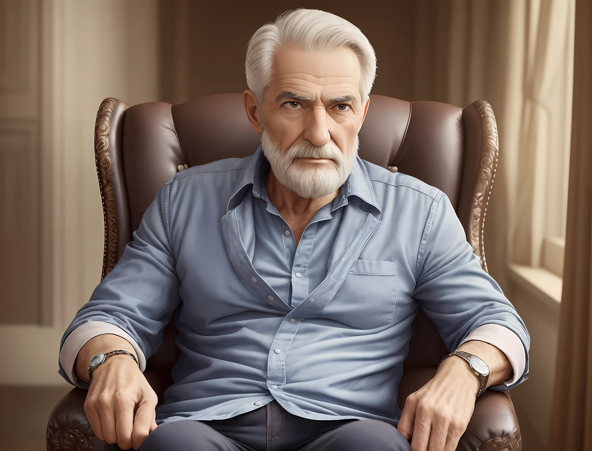 hyper realistic 4k, 60-year-old wise and masculine man, strong, sitting in a chair, psychologist, philosophical --auto --s2