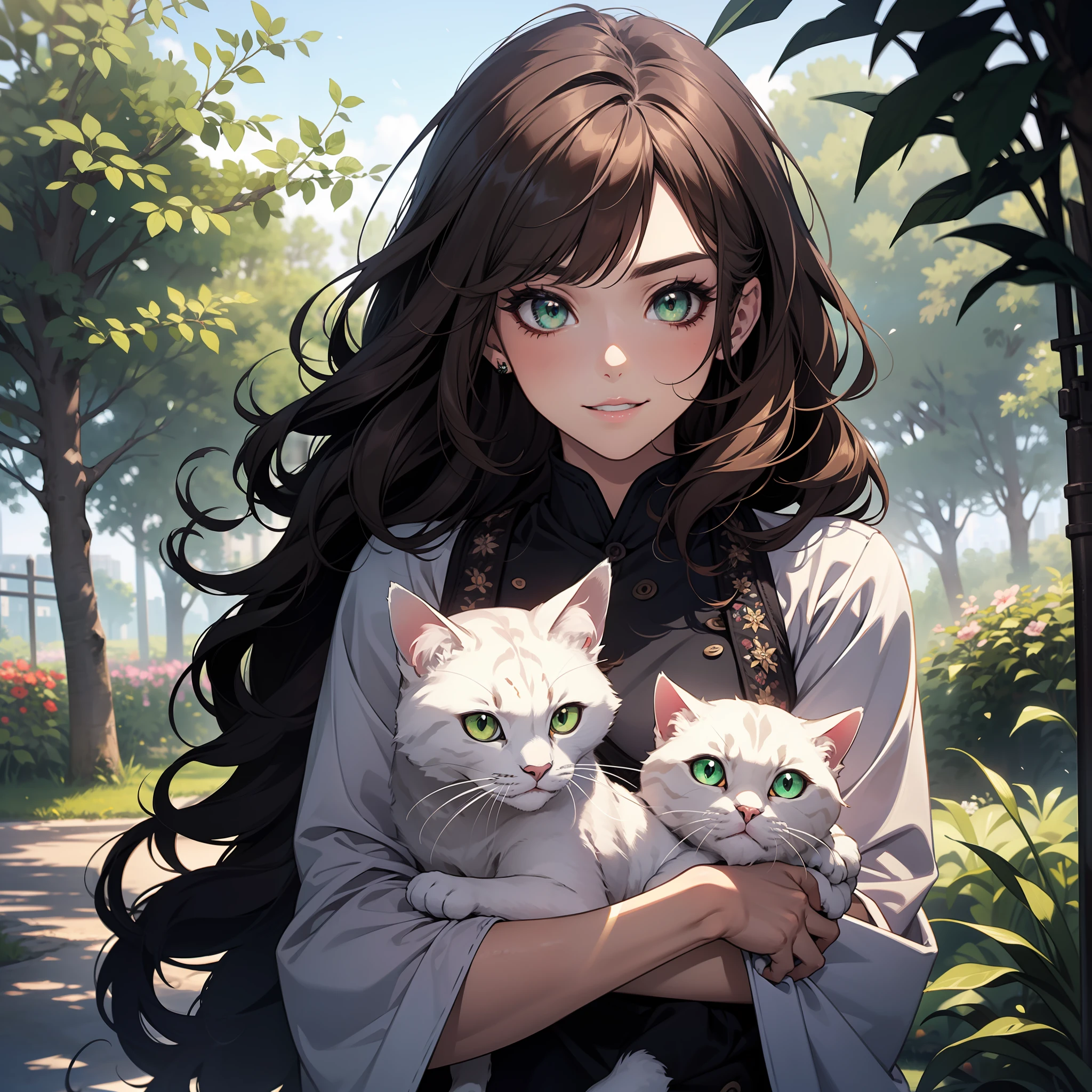 (((A young woman))), the anime, Green eyes, (Green eyes), black hair, Nice face, a smile, Wavy Hair, longye hair, (((brunette woman))), ((шедевр, beste-Qualit)), illustration, ультра детализированная 8k, Photorealistic, sharp-focus, higly detailed, Professional lighting, colorful details,Glowing, Vivid details, Rainbow colors, narrow eyebrows, beatiful face, long dark eyelashes, plump beautiful lips, oversize clothes , (Oversized dress), Detailed Face, garden, the trees, Flowers, Take a walk in the garden, Sandals, cat, (White cat with black spots)