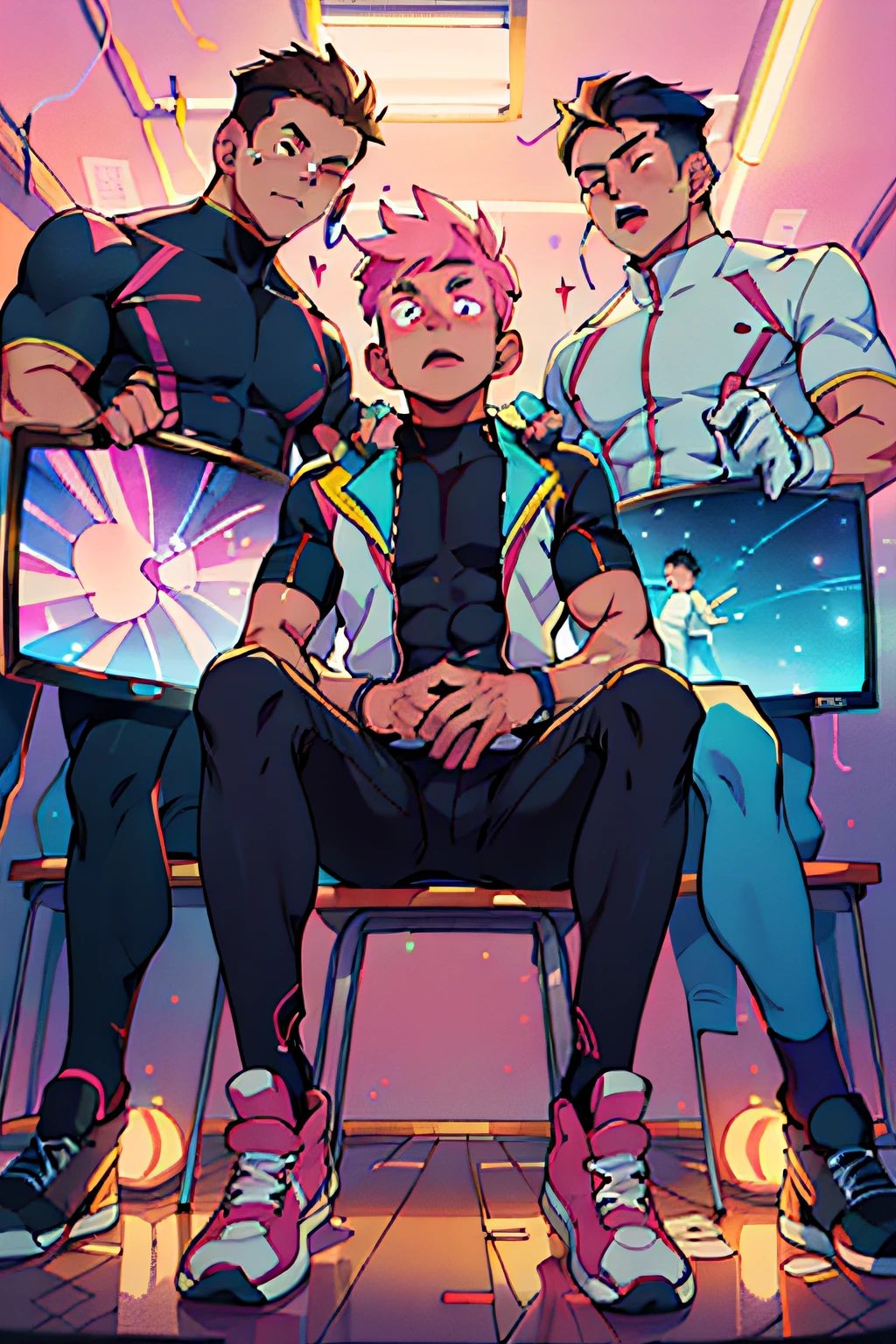 (anime illustration), best quality, high resolution, (a classroom), radical transformation, (a group of guys sitting down) (males only), brainwashed with dumb blank expressions watching a spiral on a TV screen, (turned into dumb hunks), dressed in (revealing skin tight clothes), (lewd poses), (bright colors), (pink sky), (glowing atmosphere), (vibrant lights) (NSFW) (gay)