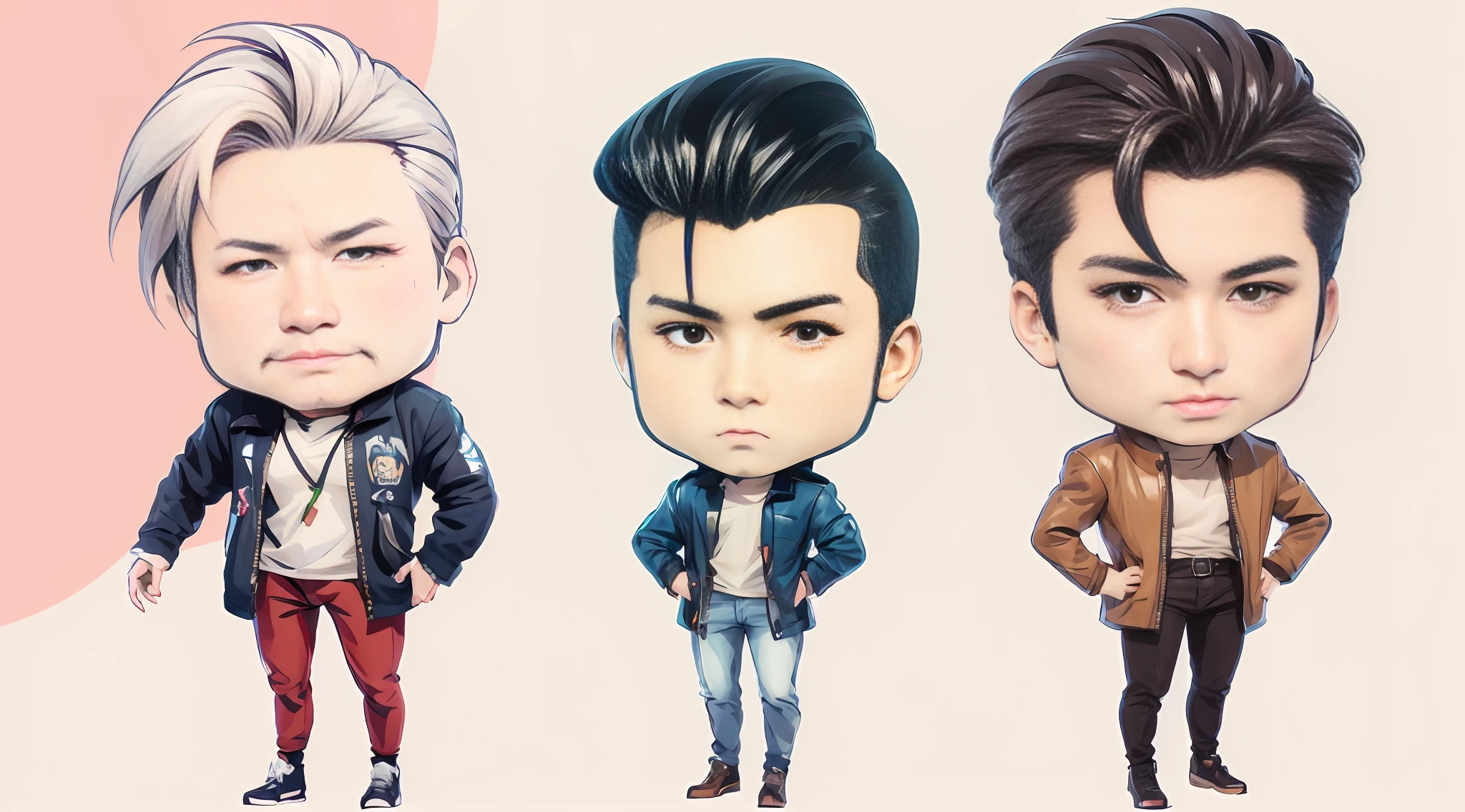 three cartoon characters of a man with different hair styles, gta chinatowon art style, Cartoon Art Style, official fanart, style of cartoon, anime elvis presley, style as nendoroid, kentaro miura art style, archie comic style, jojo anime style, Cartoon Art Style, style kim jung gi, Style game square Enix, High-quality fanart, male character design，Body proportions are normal，Don't exaggerate，The head is a little smaller，Be a little bigger，Don't be too Q-like，A little more normal