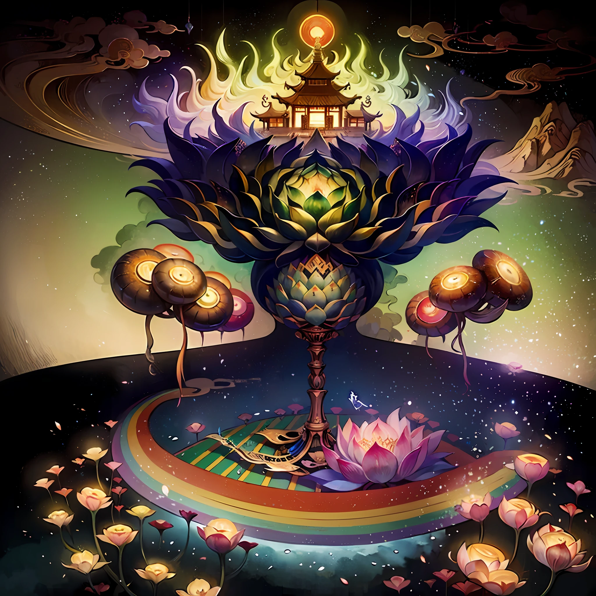 An ancient Chinese painting, ancient Chinese background, mountains, rivers, auspicious clouds, pavilions, sunshine,(psychedelic details),(mushrooms),lotus,(rainbow),(trippy),(DMT),intricate details, more details, high details,masterpieces, super detail, epic composition, ultra HD, high quality, extremely detailed, official art, unified 8k wallpaper, Super detail, 32k -- v 6