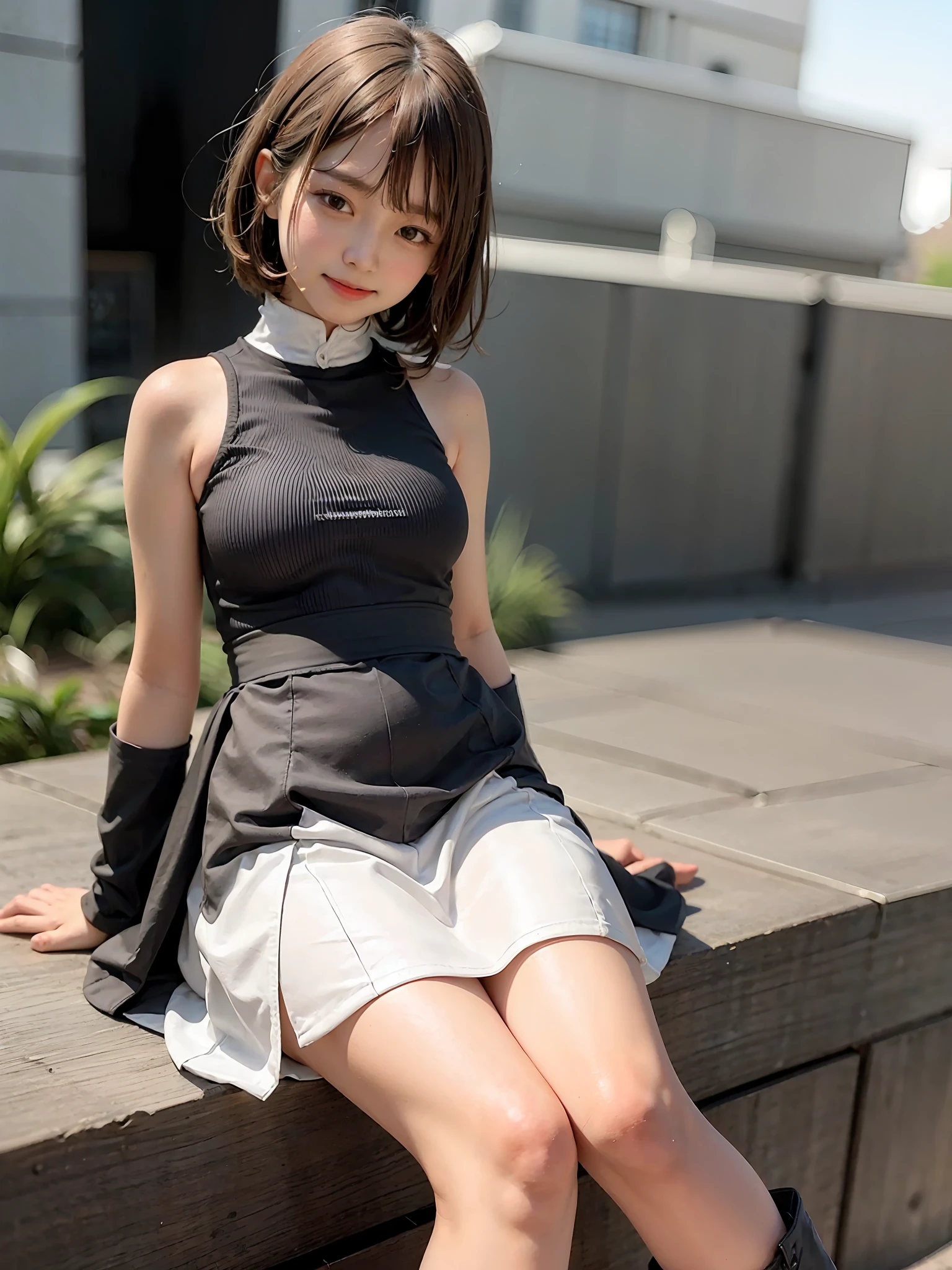 Cute,extremely delicate and beautiful girl,A smile, Black skirt, longskirt,high waist skirt,high-necked,Sleeveless,bob cuts,long boots,ultra hyper-detailed, 4K, masutepiece,Smile,Small mouth,white  shirt,Skirt with a widened hem,Skirts that show the body line,Long skirt,th all of fours,