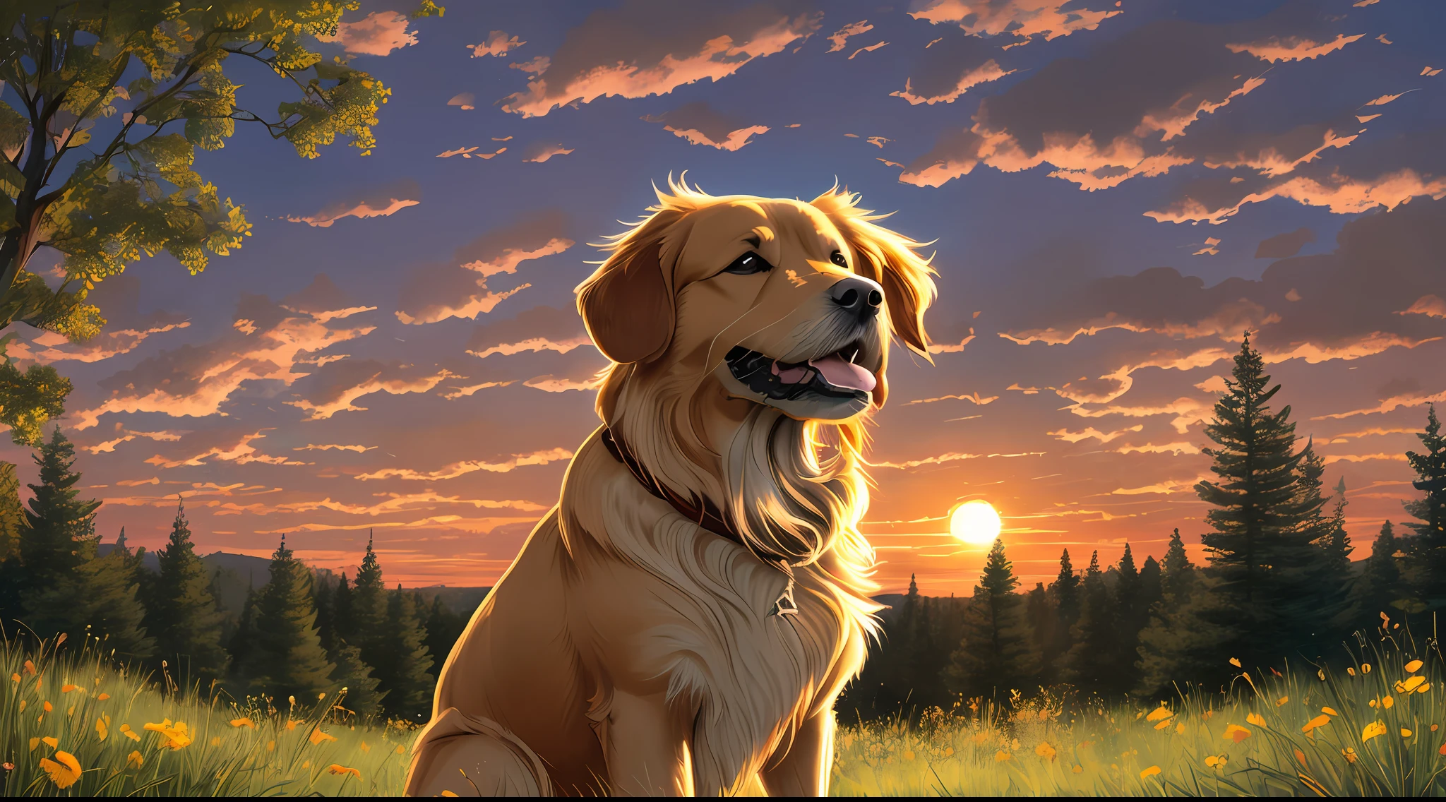 A realistic digital painting of a golden retriever standing on a grassy hill, with a beautiful sunset in the background. The dog has a friendly expression on its face and its fur is rendered in great detail, with shades of gold and cream. The sunlight illuminates the dog's face and chest, creating a warm and inviting atmosphere. The background consists of a vibrant orange and yellow sky, avec des nuages et des arbres en silhouette. The image is highly detailed and textured, avec des coups de pinceau visibles partout. The overall effect is a stunning and evocative portrayal of a beloved breed of dog in a beautiful natural setting. --auto --s2