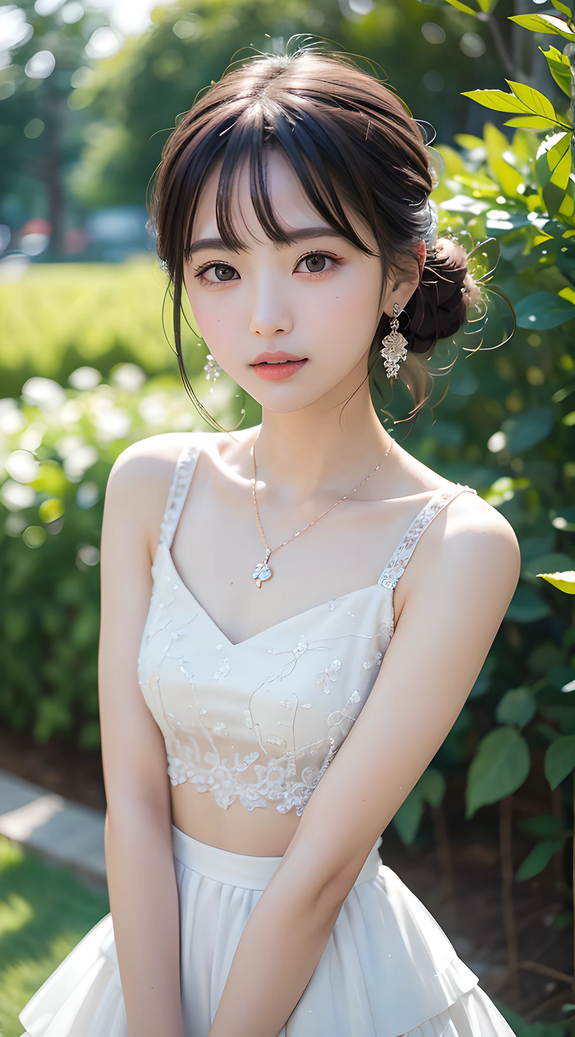 (masterpiece, best quality:1.5), beautiful girl, 8k, 50mm portrait, raw photo, absurdres, delicate girl, tiered dress, violaceaess, gardeniass, rosaceaess, cowboy shot, looking at viewer, (smile:0.4), breasts focus, thin arms, very thin waist, earrings, necklace, facelight, clear lighting, film grain, chromatic aberration, garden, (bokeh:1.3), (simple background:1.2)