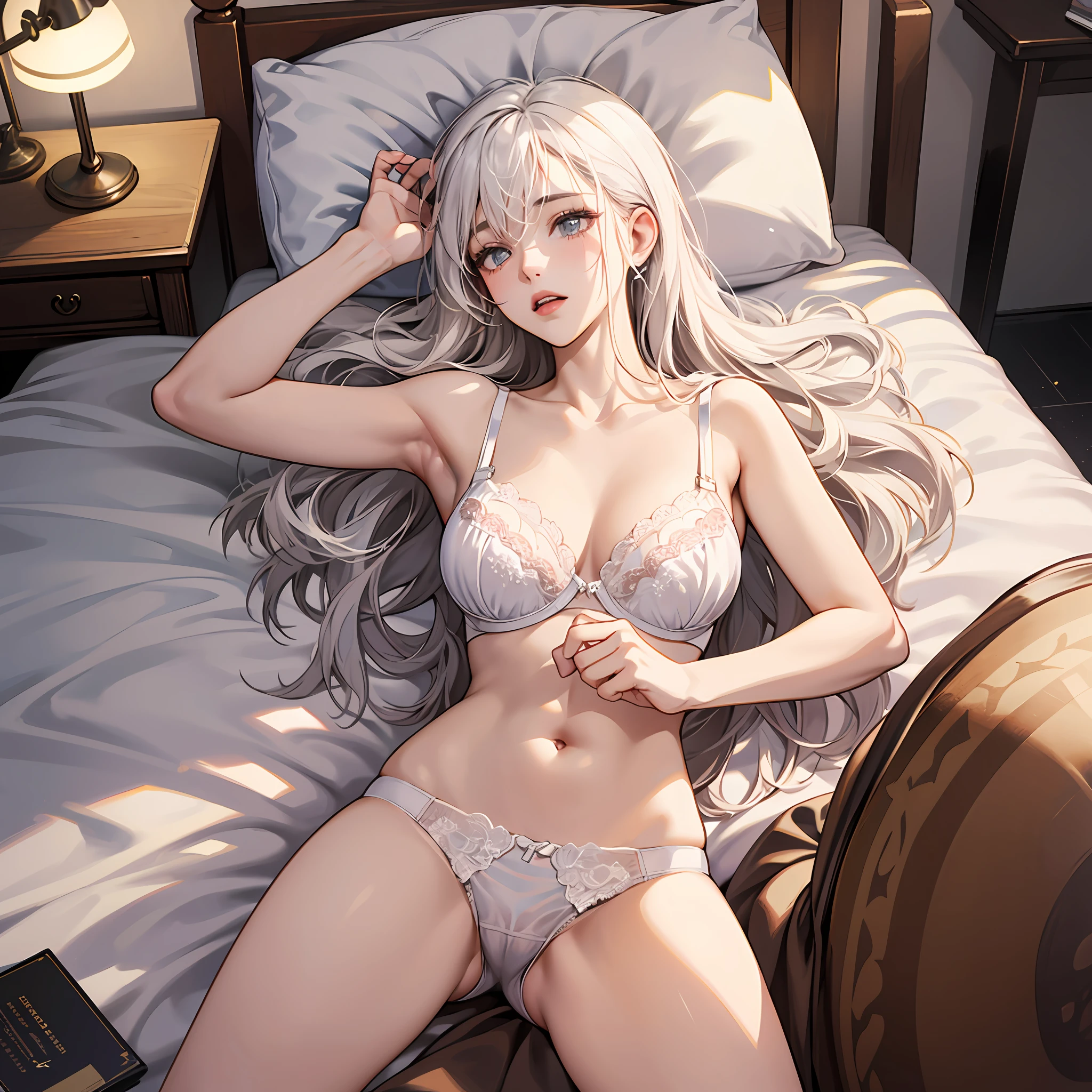 Masterpiece, highest quality, HD, solo, modest tits, indoors, misaligned bras, side straps, lying down, from above, arms open, thighs wide apart modestly, healthy, bed, messy transparent underwear, heavy breathing, sexual expression, 20 years old, white hair, spilled milk --auto