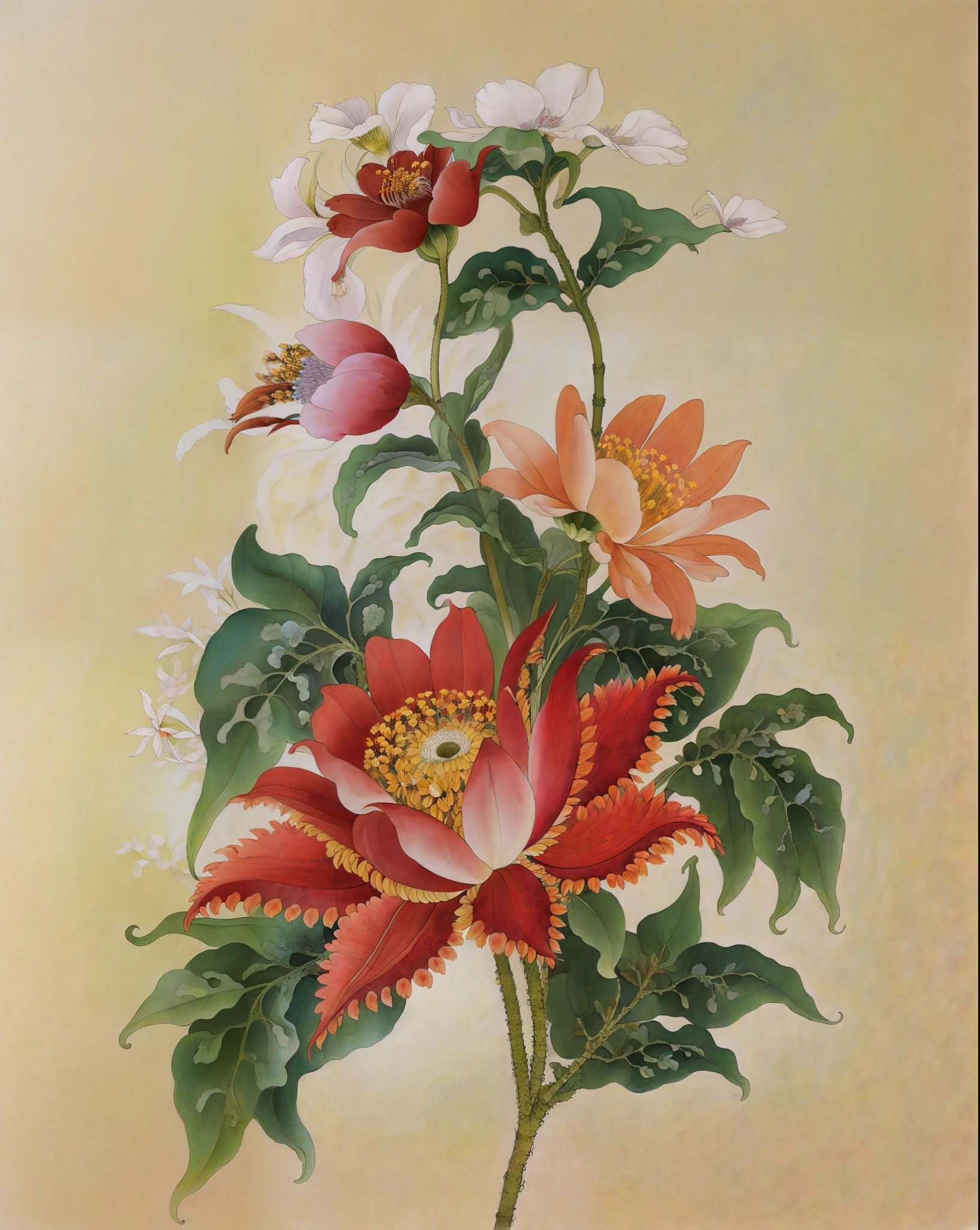 Pintura de una flor rosa con hojas verdes sobre un fondo blanco, Flores de Kalighat, inspirado por Maria Sibylla Merian, botanical artwork, colored pencil art on paper, Pintura tradicional, inspirado por Marianne North, Flores con detalles intrincados, botanical art, con flores de loto, inspirado por Maksimilijan Vanka, inspirado por Christoffer Wilhelm Eckersberg