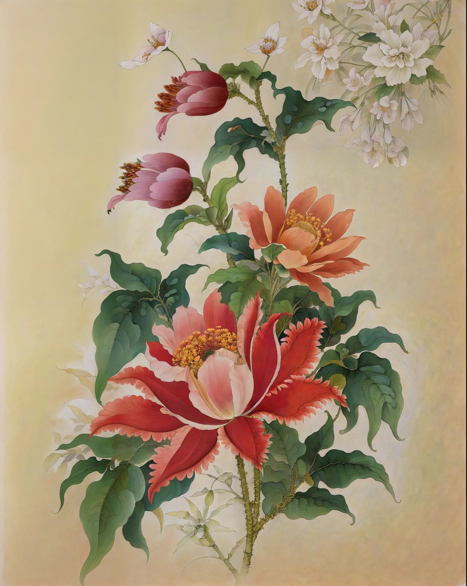 Pintura de una flor rosa con hojas verdes sobre un fondo blanco, Flores de Kalighat, inspirado por Maria Sibylla Merian, botanical artwork, colored pencil art on paper, Pintura tradicional, inspirado por Marianne North, Flores con detalles intrincados, botanical art, con flores de loto, inspirado por Maksimilijan Vanka, inspirado por Christoffer Wilhelm Eckersberg