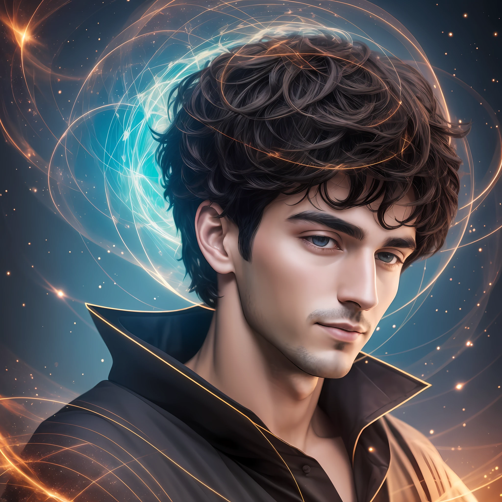 Create only a realistic 8k cinematic high-definition image, 35-year-old mystical man observing meditating in the Galaxy Universe, . Short dark brown hair, su rostro tiene paz y calma y usa ropa polo blanco y celeste --auto