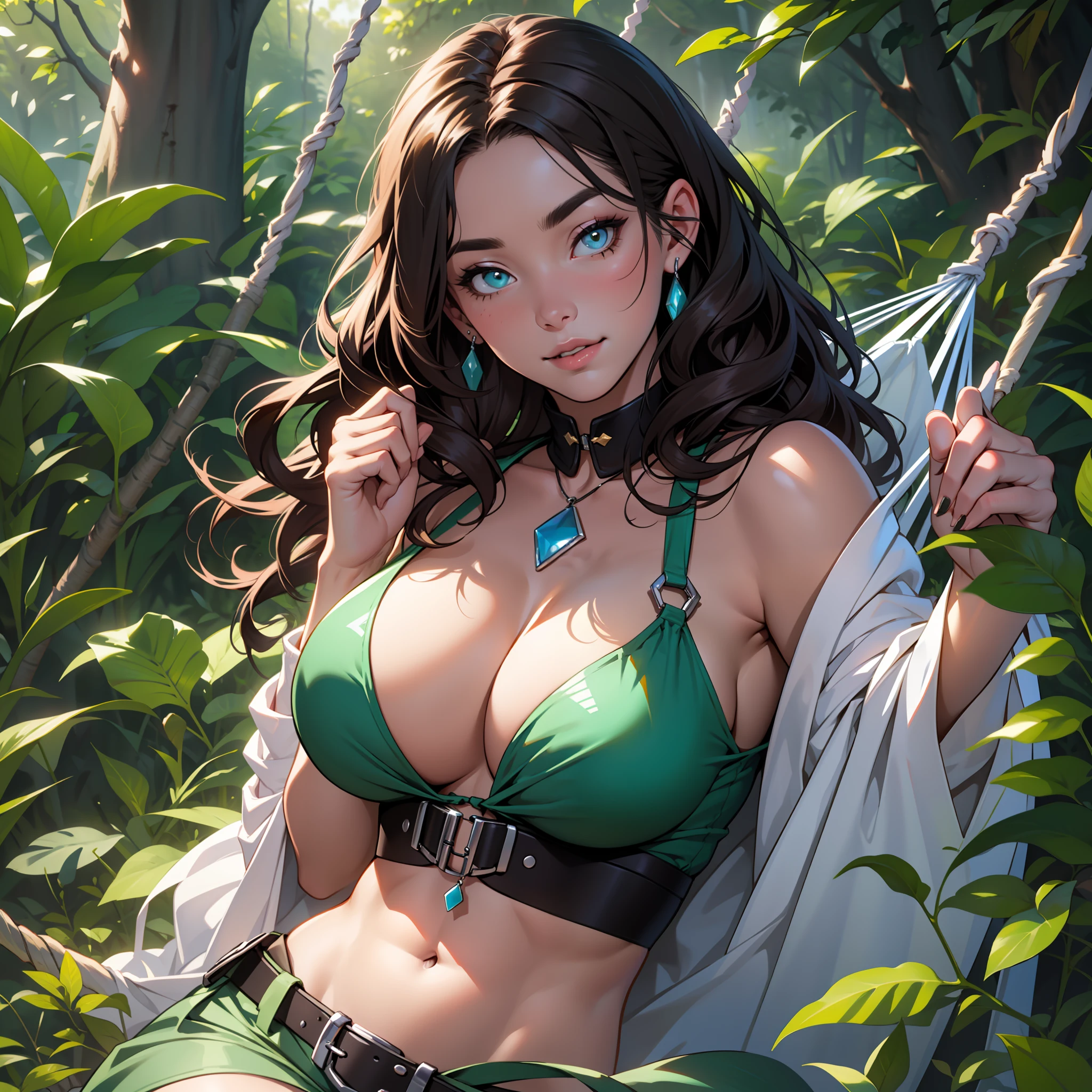 (((A young woman))), the anime, Green eyes, black hair, Nice face, a smile, the perfect body, Wavy Hair, longye hair, (((brunette woman))), big breastes, ((шедевр, beste-Qualit)), illustration, ультра детализированная 8k, Photorealistic, sharp-focus, higly detailed, Professional lighting, colorful details,Glowing, Vivid details, Rainbow colors, narrow eyebrows, beatiful face, long dark eyelashes, plump beautiful lips, oversize clothes ,Detailed Face, garden, the trees, hammock, A hammock hangs between the trees, relax in a hammock, lying in a hammock