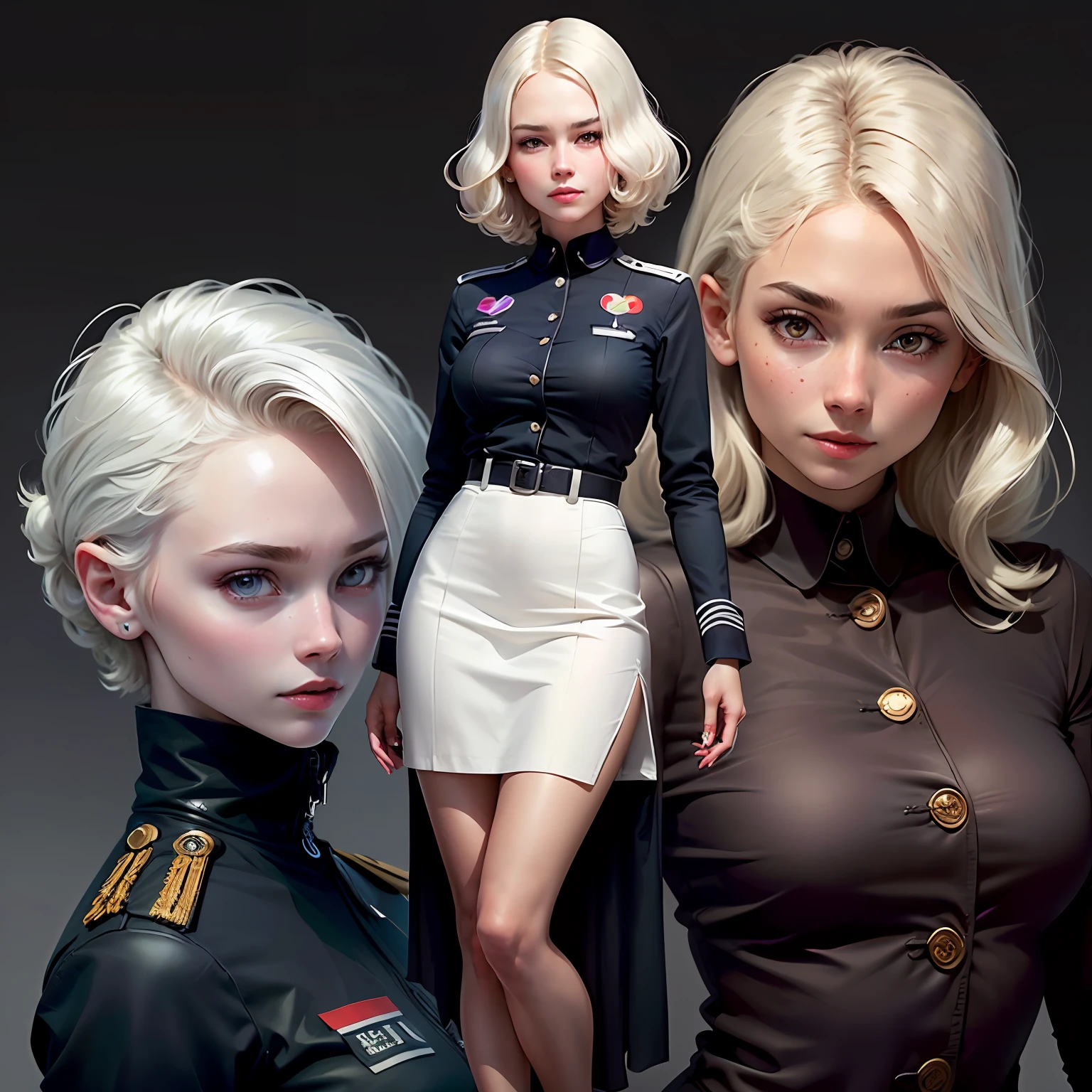 2girl,beautiful vintage color, instagram (photorealistic, high resolution:1.4), ((puffy eyes)), looking at viewer, , full body (8k, RAW photo, best quality, masterpiece:1.2), (realistic, photo-realistic:1.37),(sharp focus:1.2), professional lighting, photon mapping, radiosity, physically-based rendering, (pale skin:1.2),(small breasts:1.2), looking at viewer, (middle hair:1.5), portrait, purple eyes, (sliver hair:1.1),bangs, (simple background:1.4), solo, upper body, realistic,(masterpiece:1.4),(best quality:1.4),(shiny skin),fashi-girl,makeup,smile(skinny,closed mouth,shy :1.3) ,(standing,black Stewardess uniform,Necromancer:1.1),medium bust,sexy pose , --auto