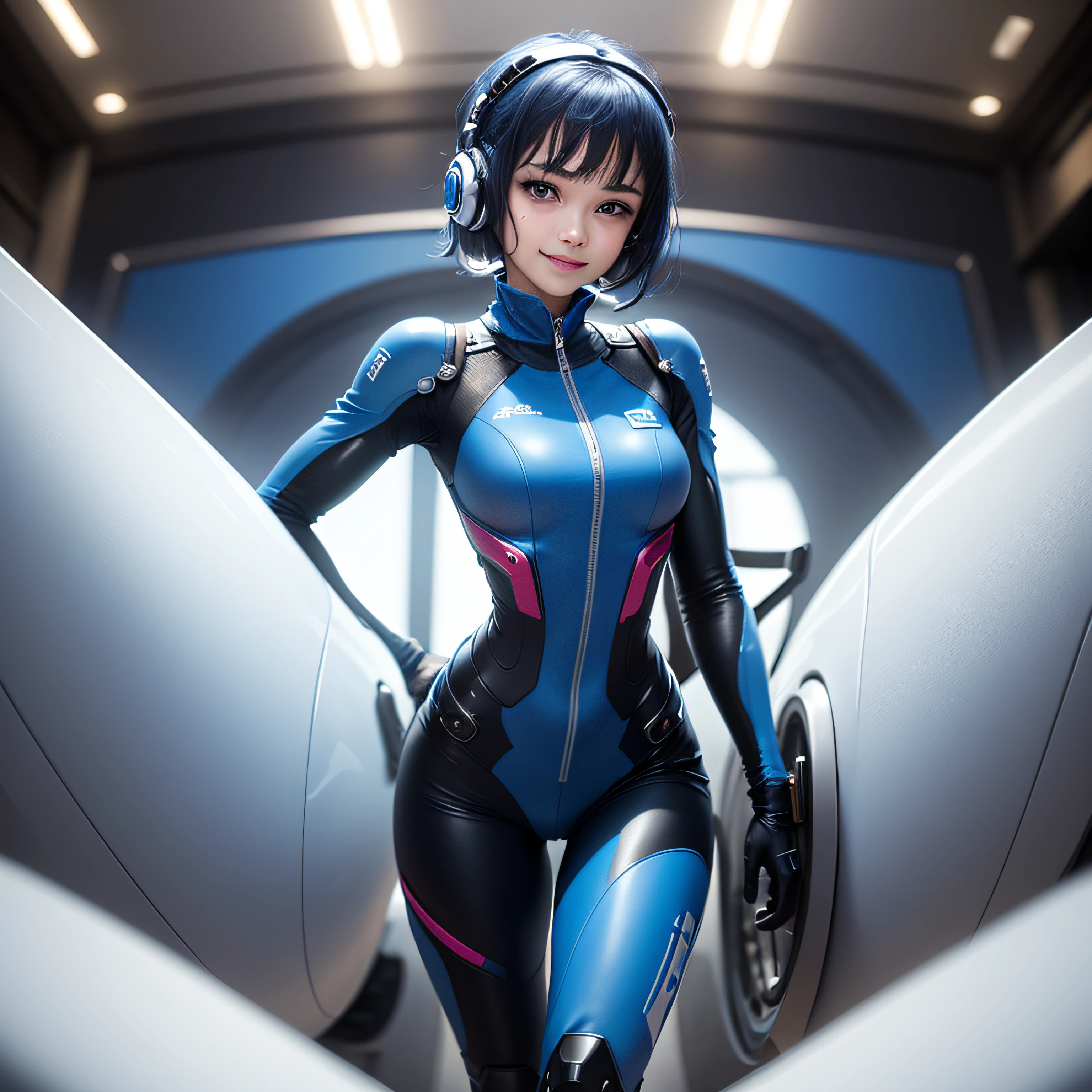 (masterpiece, highest quality, highest resolution, distinct_image, detailed details): (Solo, lone girl, face is Japan person, short cut, blue-haired girl, full body figure, (perfect body: 1.4), sparkly blue color eyes, pilot suit in white and blue color, tight fit clothes, clothes covering the whole body, very delicate and beautiful, detailed skin, slim body, exoskeleton, Gentle smile, heroine, headset, boots)