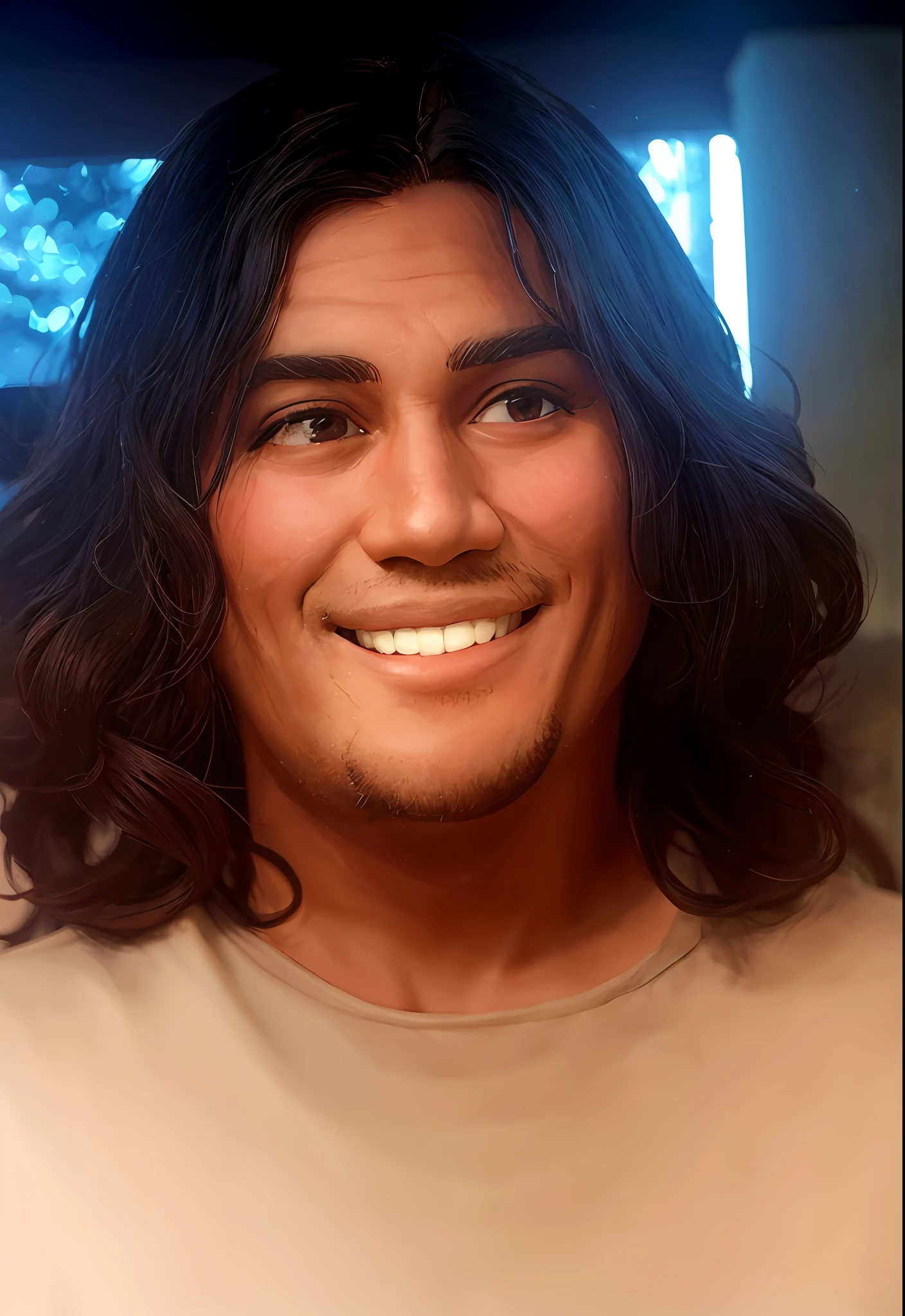 there is a man with long hair and a smile on his face, Homem de pele marrom com um sorriso gigante, rosto detalhado real, rosto realista detalhado, rosto detalhado realista, rosto realisticamente renderizado, rosto detalhado e realista, cara muito realista, Rosto altamente detalhado de 8k, Tony Sandoval. 8 k realista, Face extremamente realista, rosto realista altamente detalhado, Rosto altamente detalhado