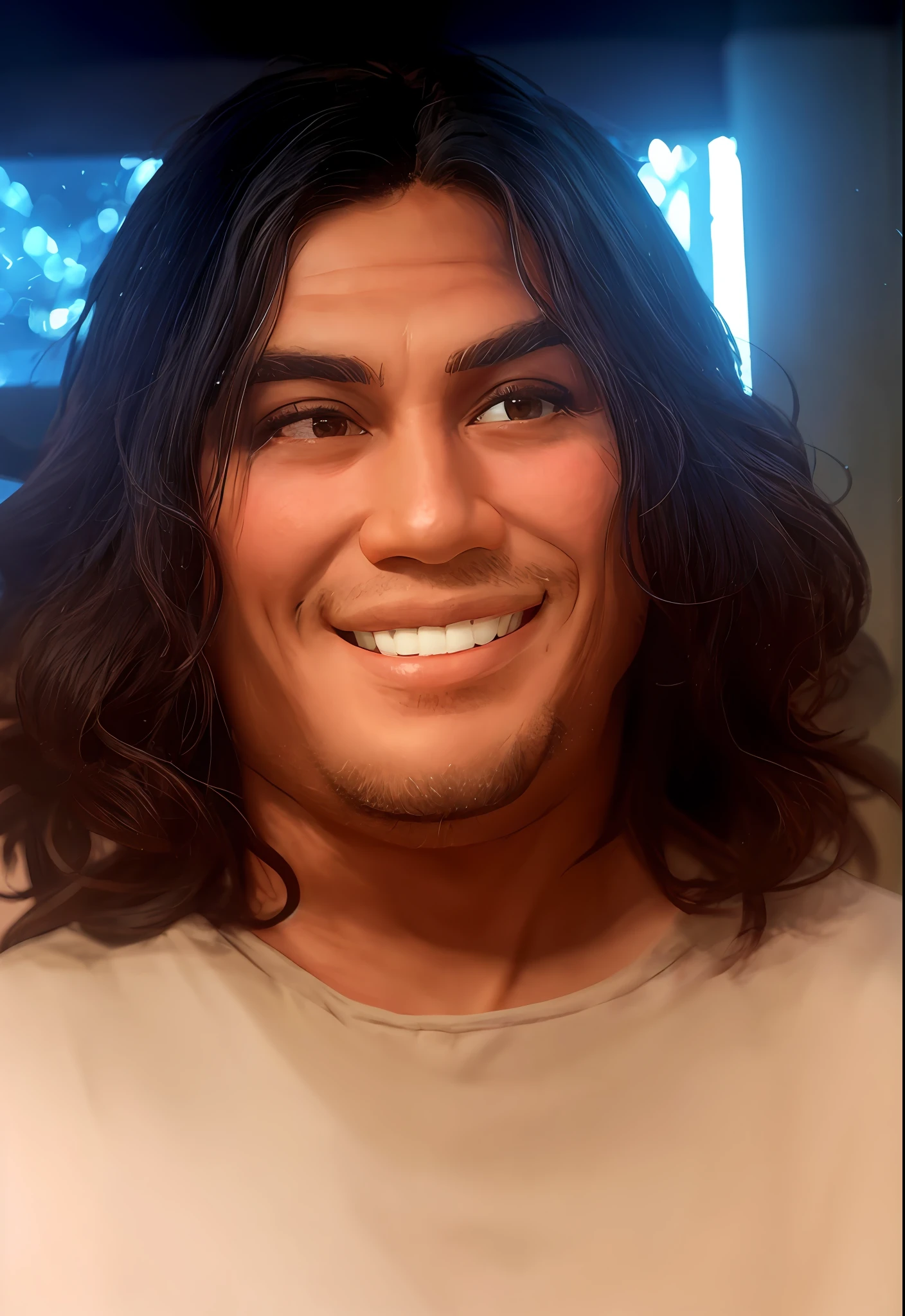 there is a man with long hair and a smile on his face, Homem de pele marrom com um sorriso gigante, rosto detalhado real, rosto realista detalhado, rosto detalhado realista, rosto realisticamente renderizado, rosto detalhado e realista, cara muito realista, Rosto altamente detalhado de 8k, Tony Sandoval. 8 k realista, Face extremamente realista, rosto realista altamente detalhado, Rosto altamente detalhado