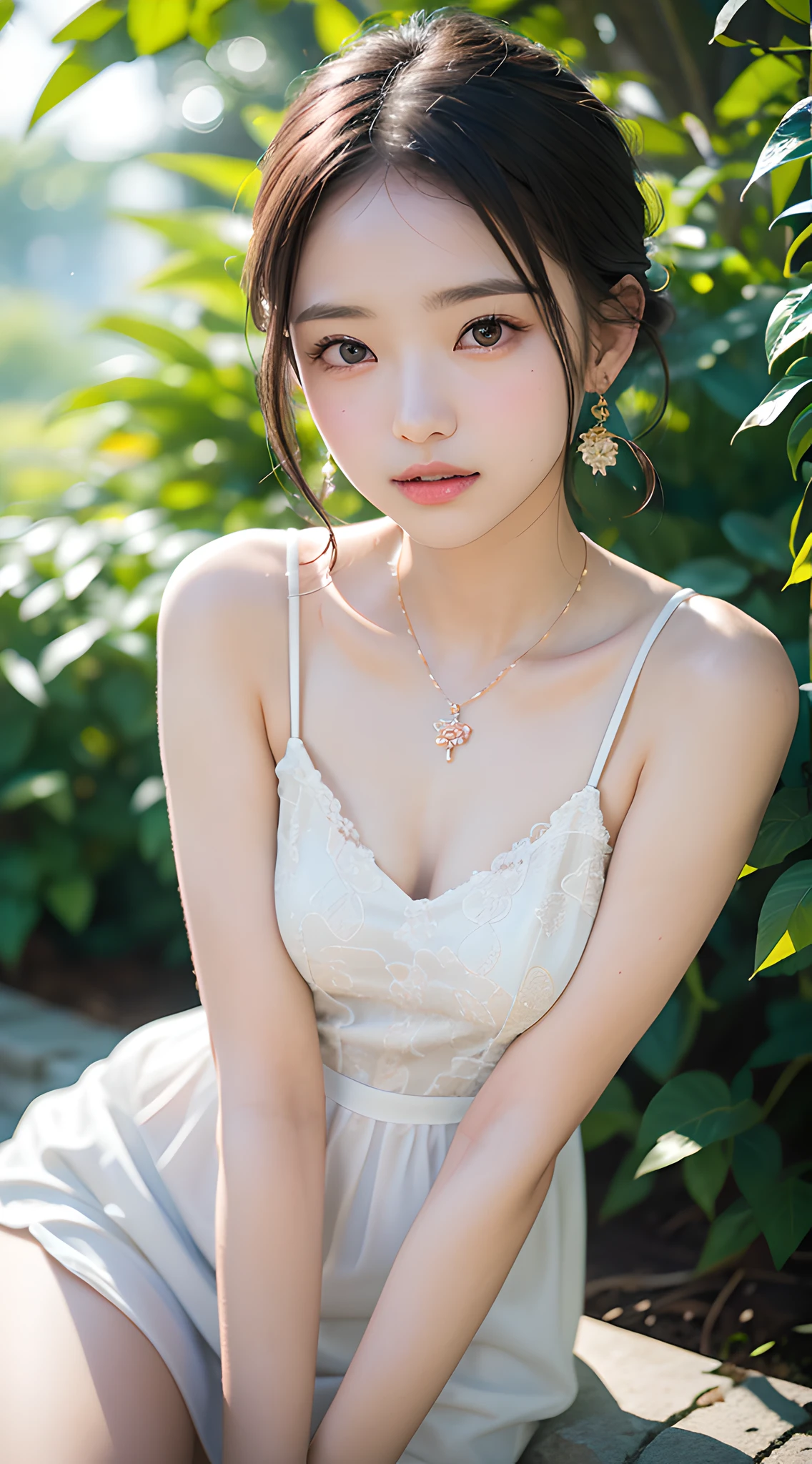 (masterpiece, best quality:1.5), beautiful girl, 8k, 50mm portrait, raw photo, absurdres, delicate girl, tiered dress, violaceaess, gardeniass, rosaceaess, cowboy shot, looking at viewer, (smile:0.4), breasts focus, thin arms, very thin waist, earrings, necklace, facelight, clear lighting, film grain, chromatic aberration, garden, (bokeh:1.3), (simple background:1.2)