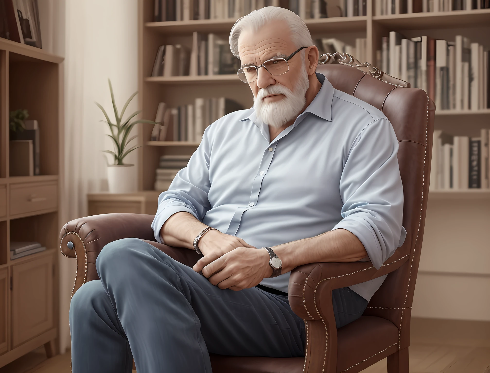 hyper realistic 4k, 60-year-old wise and masculine man, strong, sitting in a chair, psychologist, philosophical --auto --s2