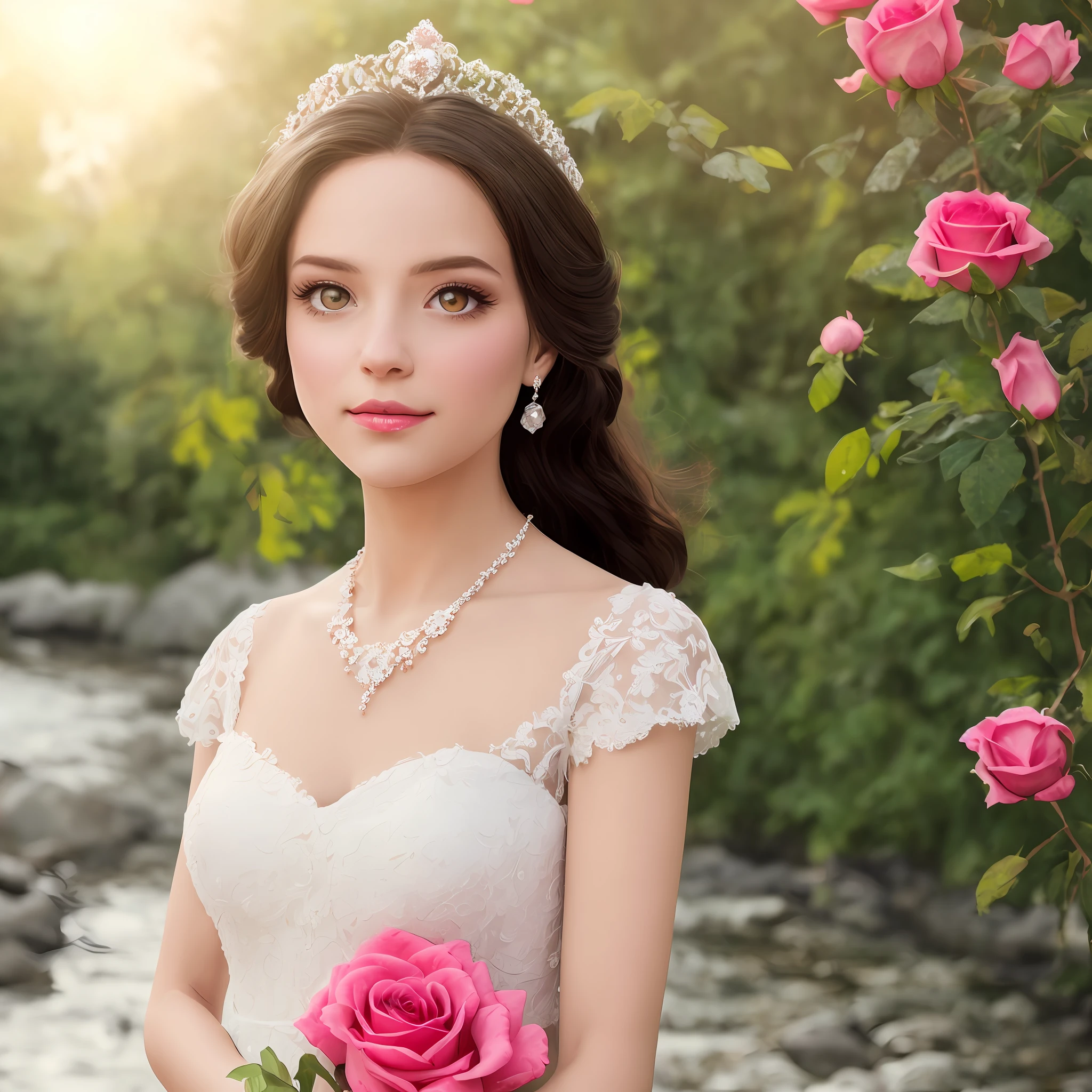 original, (masterpiece), (illustration), (extremely fine and beautiful), (perfect details), ultra-realistic, beautiful and clear background, stands aside the river, cute, England royal white wedding gown, diamond crown on the head, holding a pink rose on her hand, wearing diamond necklace, (detailed beautiful eyes:1.3), (beautiful face:1.3), black hair, hair to shoulder, (hair blowing with the wind:1.1), (brown eye:1.1), roses, butterflys flying around, soft sun light, tree, (summer), solo, full body