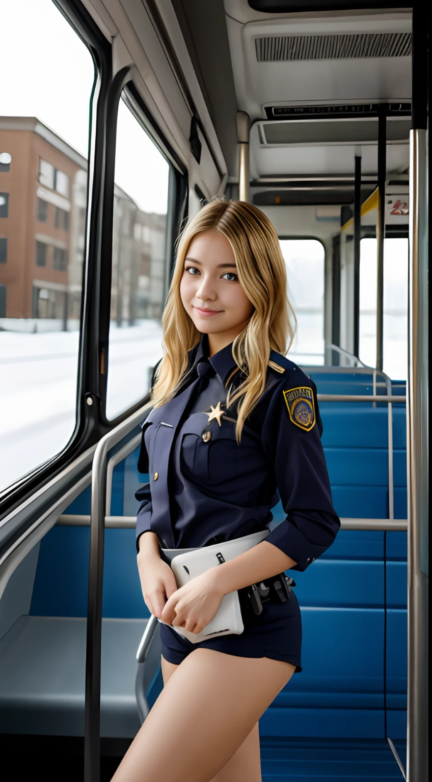 creates an 18-year-old girl with delicate facial skin as light as snow, golden hair in the bus short police outfit with open leg with big volume in the toad