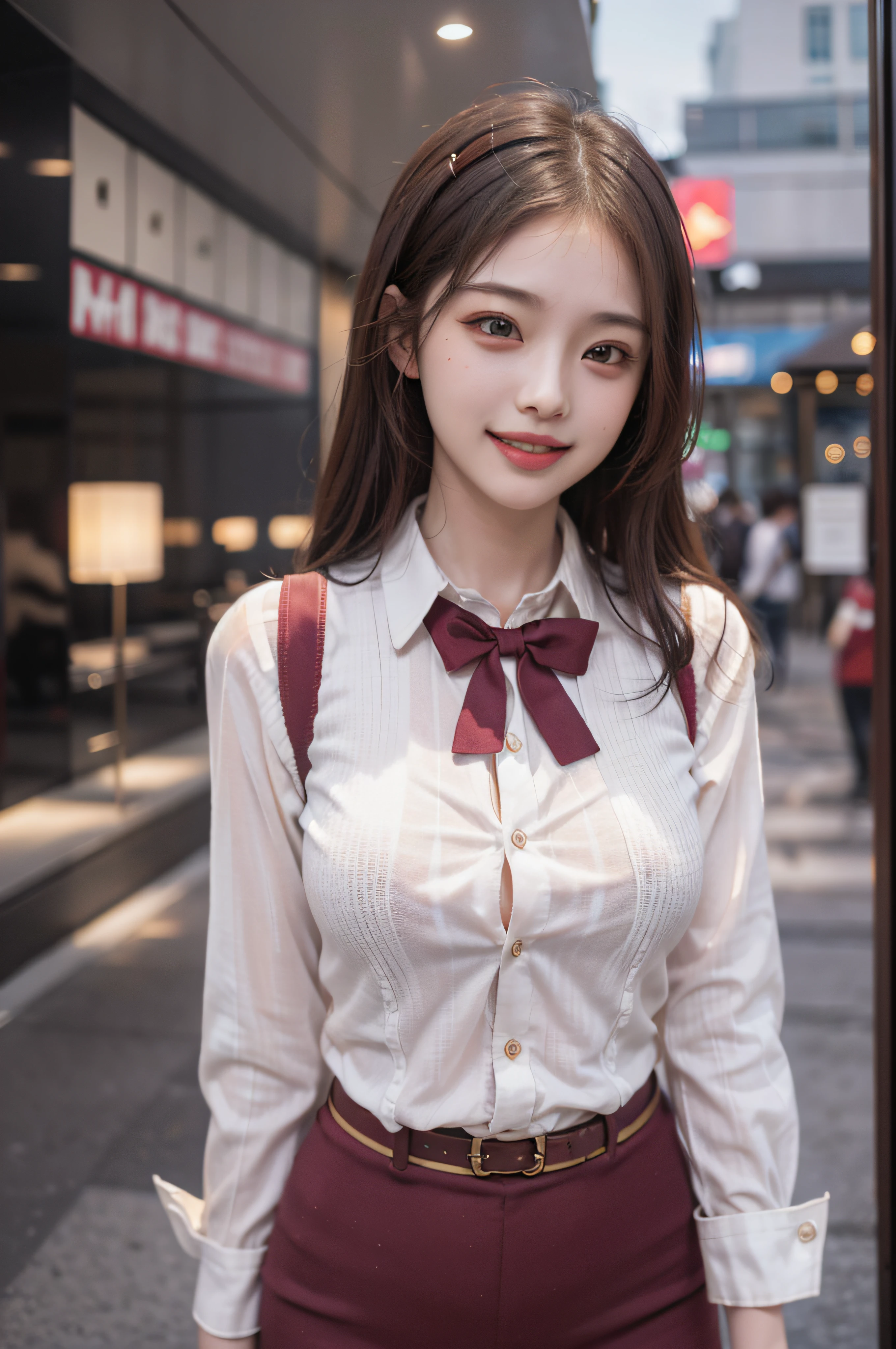 Masterpieces, beste-Qualit, HD fine, fel1, Pretty Woman, whiteshirt, Red bow,Cute clothes、collared shirt, Sweater Vest,  Cowboy Shot, Smiling face, Open your mouth、front、Joy