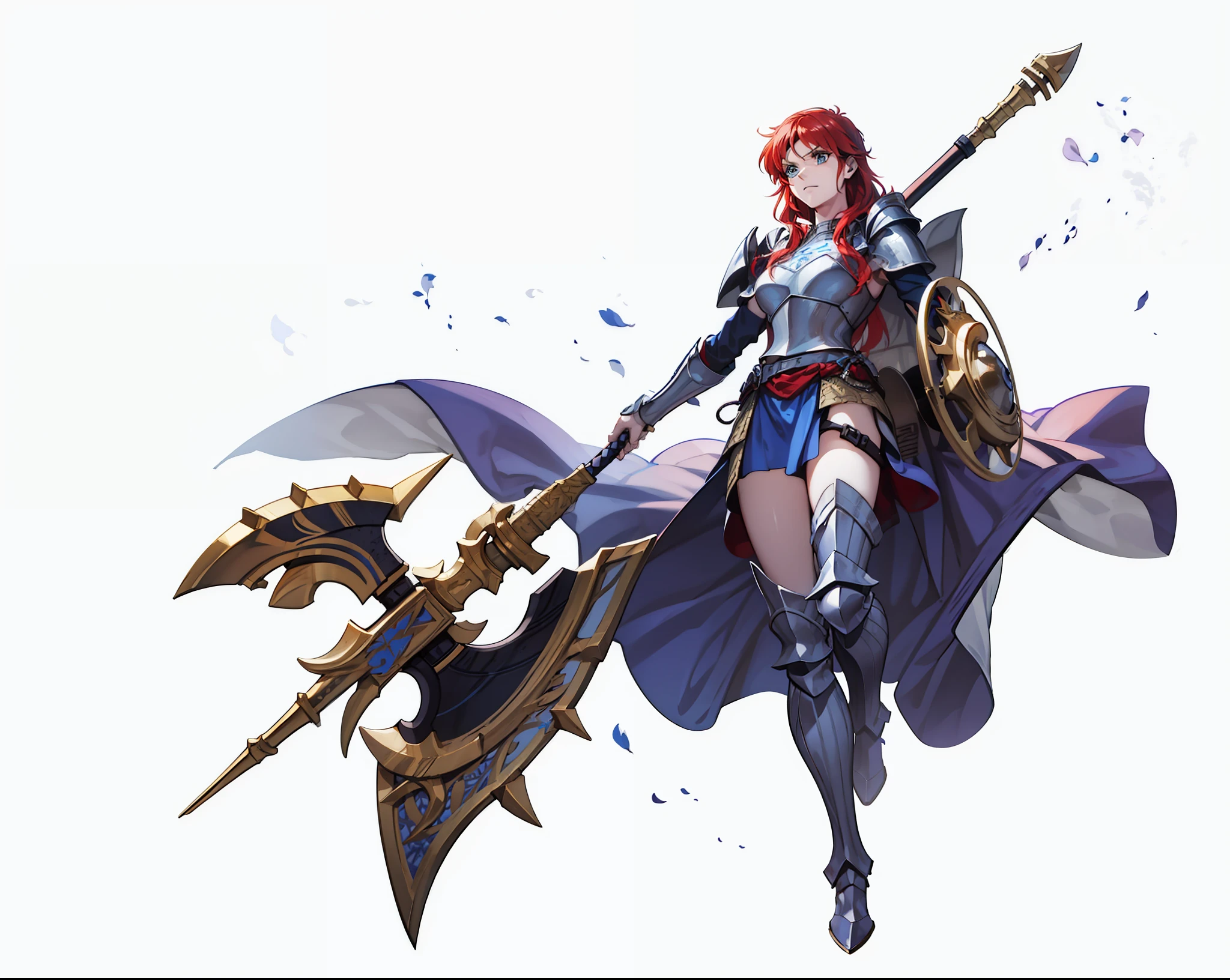 Boadicea, red-haired Viking warrior with Nordic armor and rune tattoos on her body and blooming blue eyes holding an axe, 4k