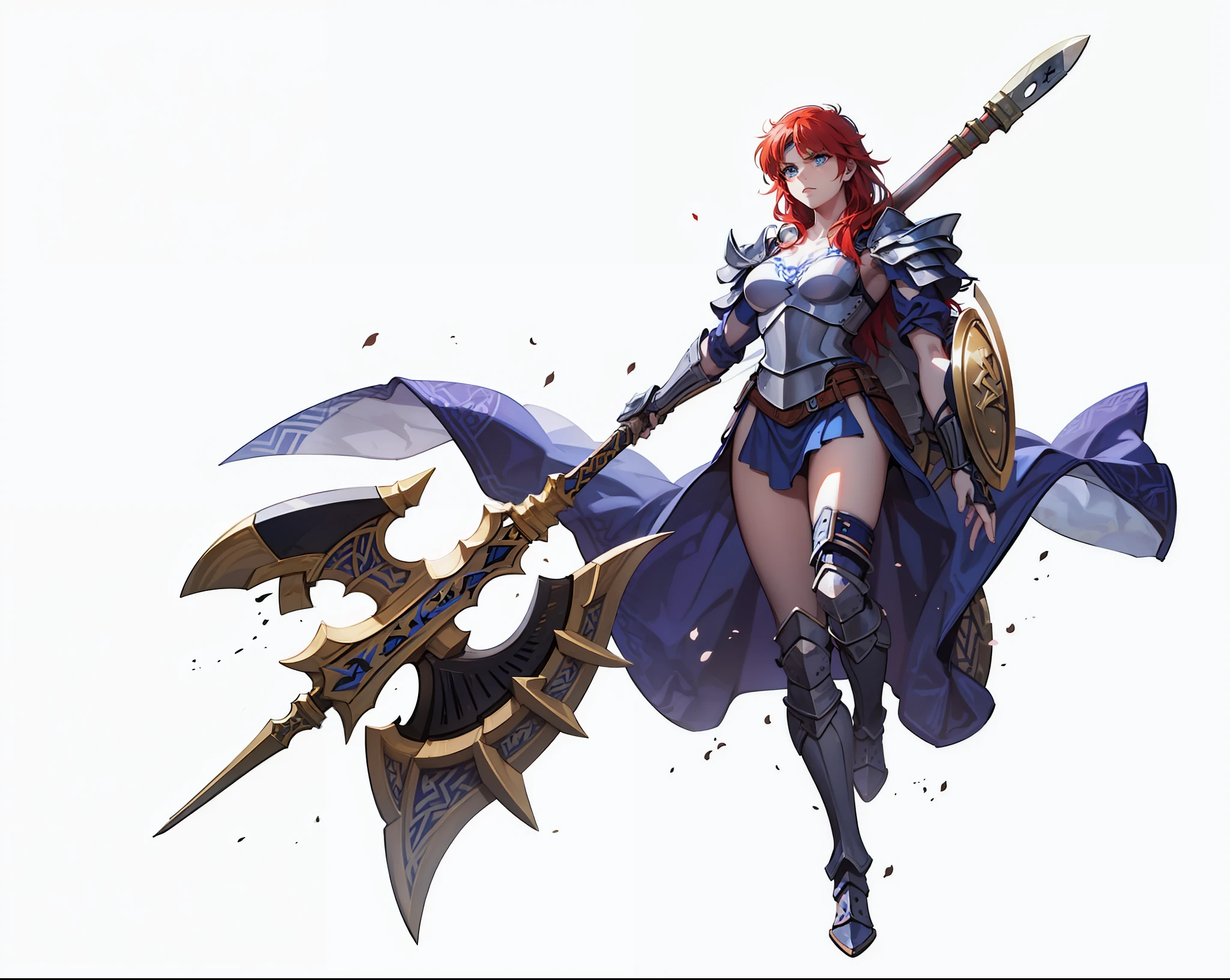 Boadicea, red-haired Viking warrior with Nordic armor and rune tattoos on her body and blooming blue eyes holding an axe, 4k