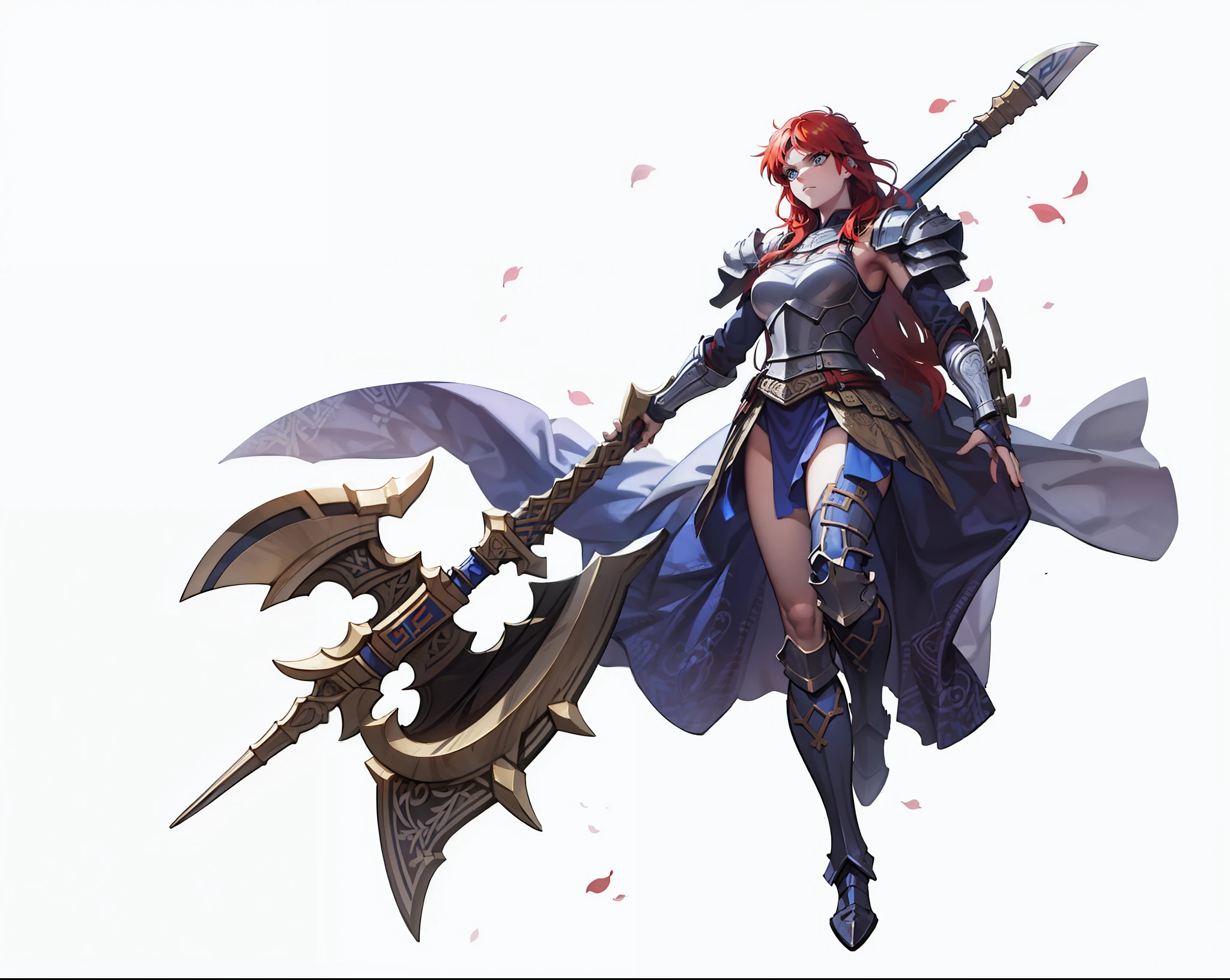 Boadicea, red-haired Viking warrior with Nordic armor and rune tattoos on her body and blooming blue eyes holding an axe, 4k