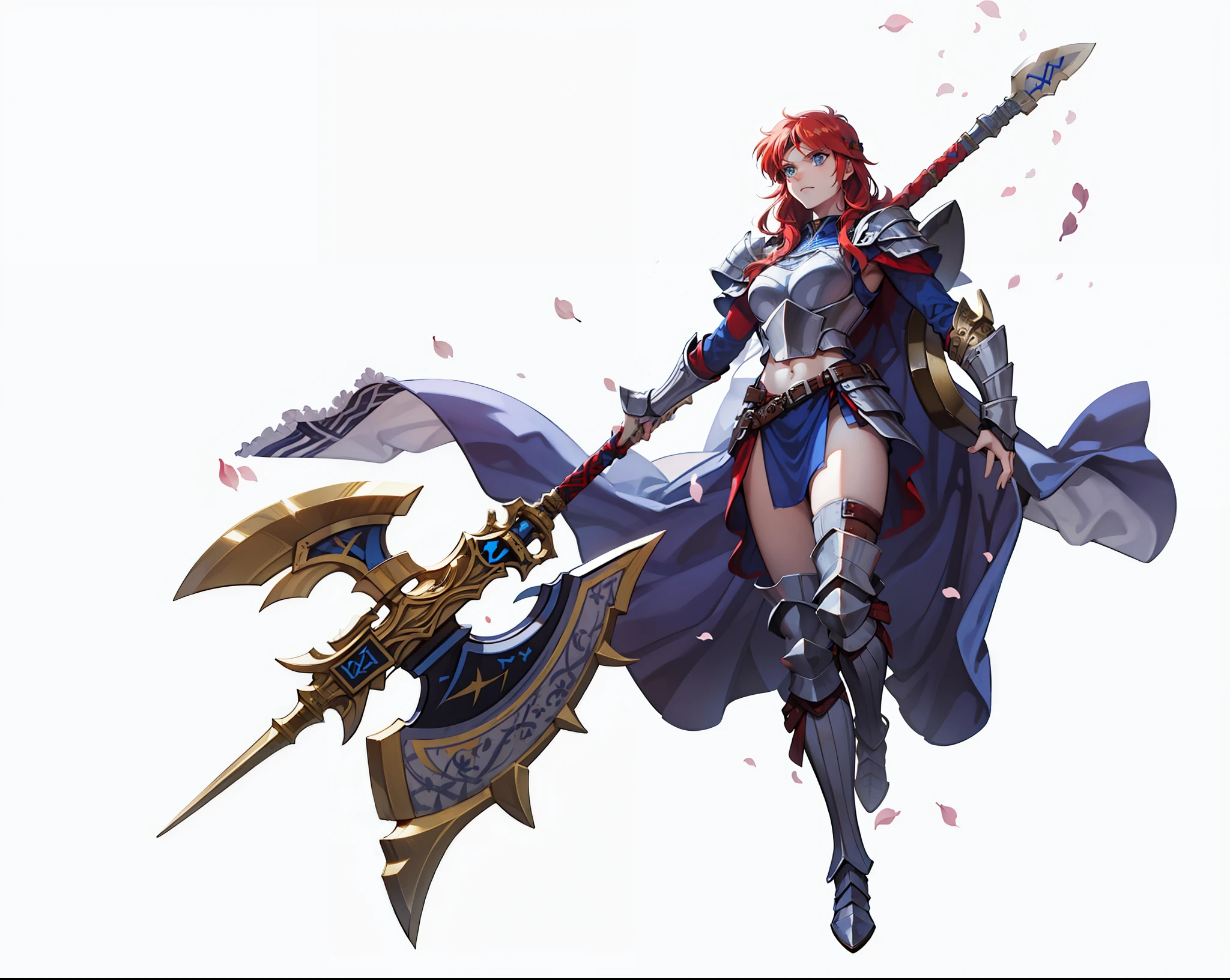 Boadicea, red-haired Viking warrior with Nordic armor and rune tattoos on her body and blooming blue eyes holding an axe, 4k