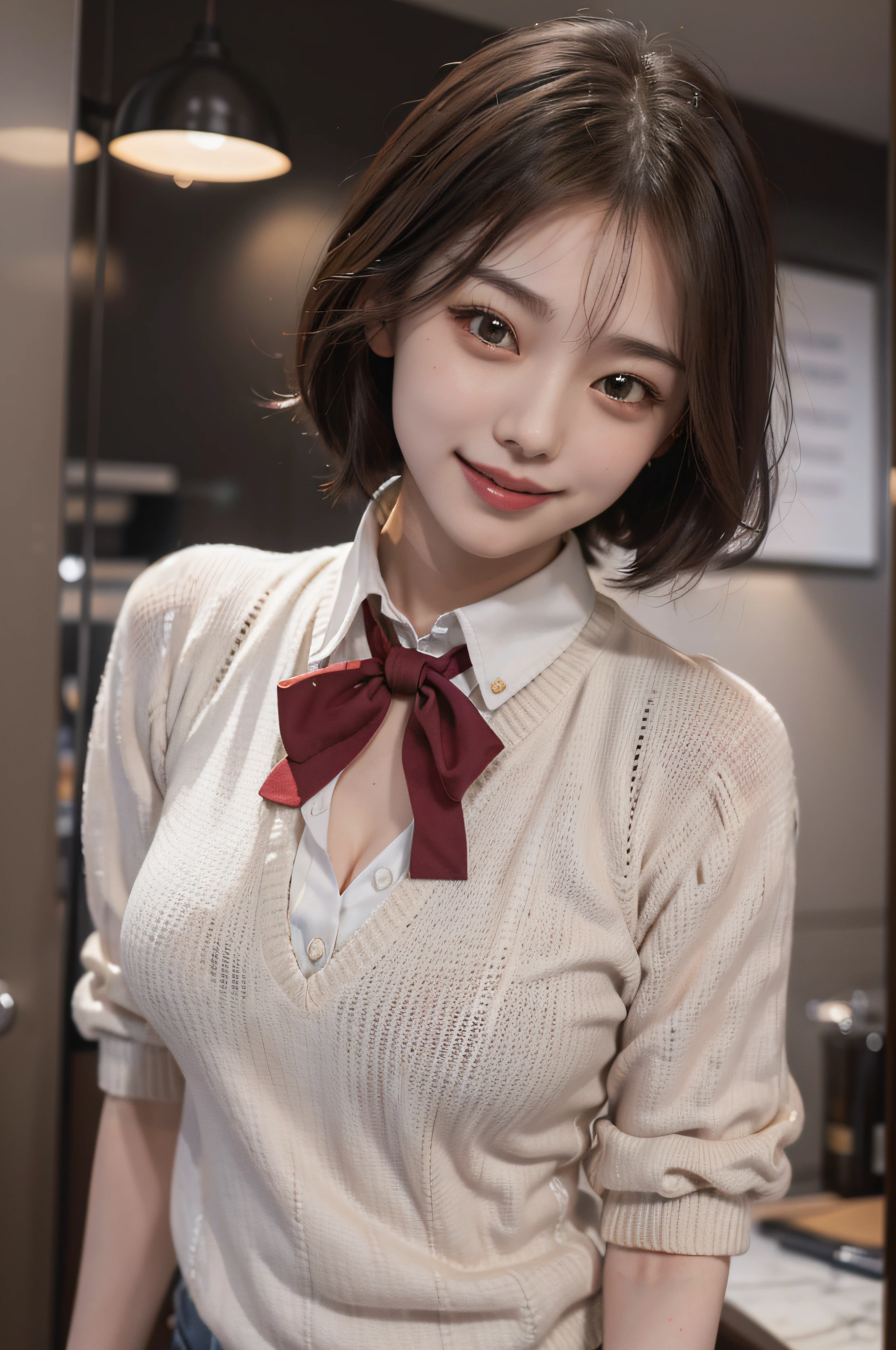 Master masterpiece, beste-Qualit, A high resolution, fel1, Pretty Woman, whiteshirt, Red bow,Cute clothes、collared shirt, Sweater Vest, Cowboy Shot, Smiling face, Open your mouth、front、Joy