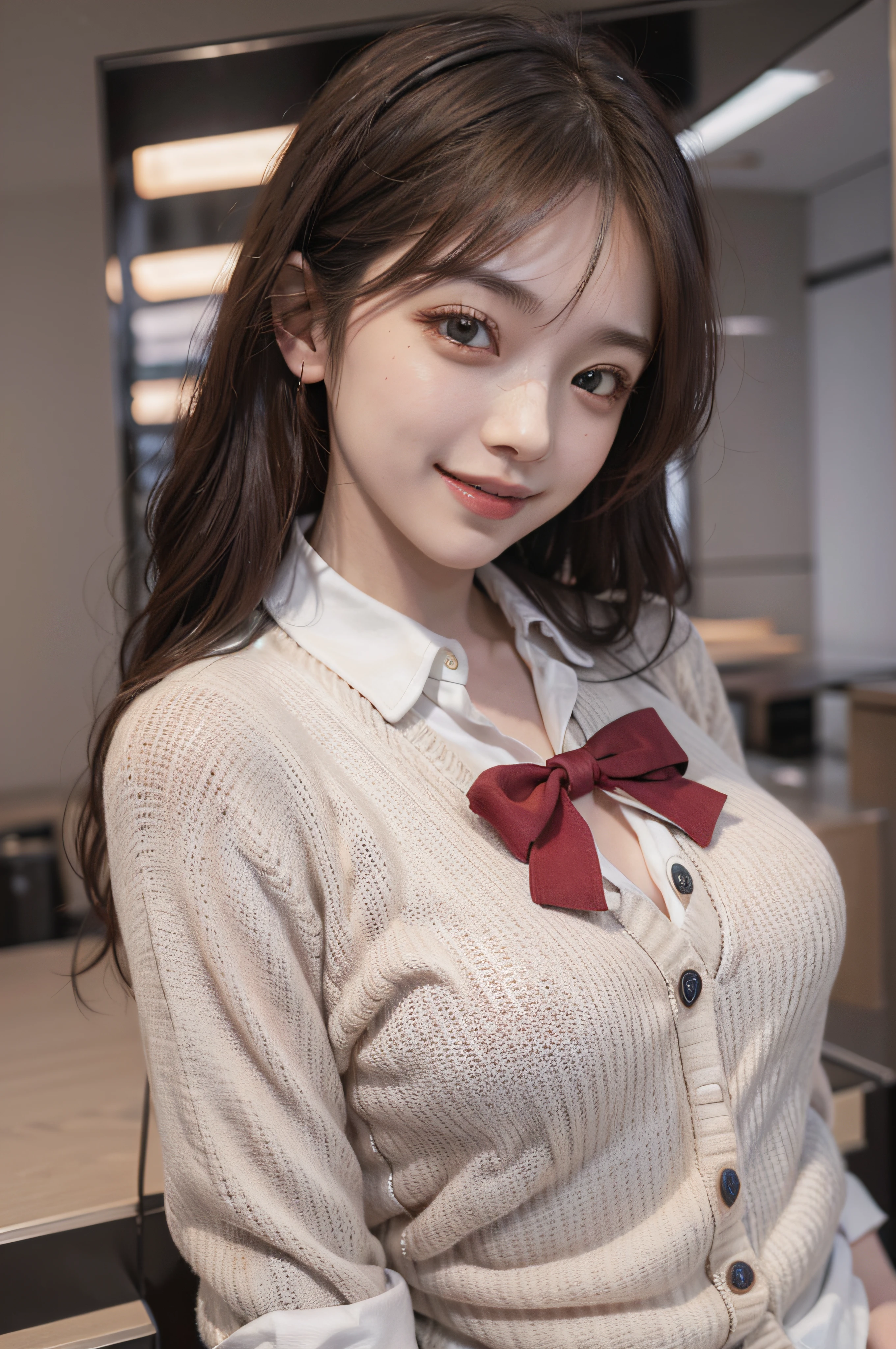 Master masterpiece, beste-Qualit, A high resolution, fel1, Pretty Woman, whiteshirt, Red bow,Cute clothes、collared shirt, Sweater Vest, Cowboy Shot, Smiling face, Open your mouth、front、Joy
