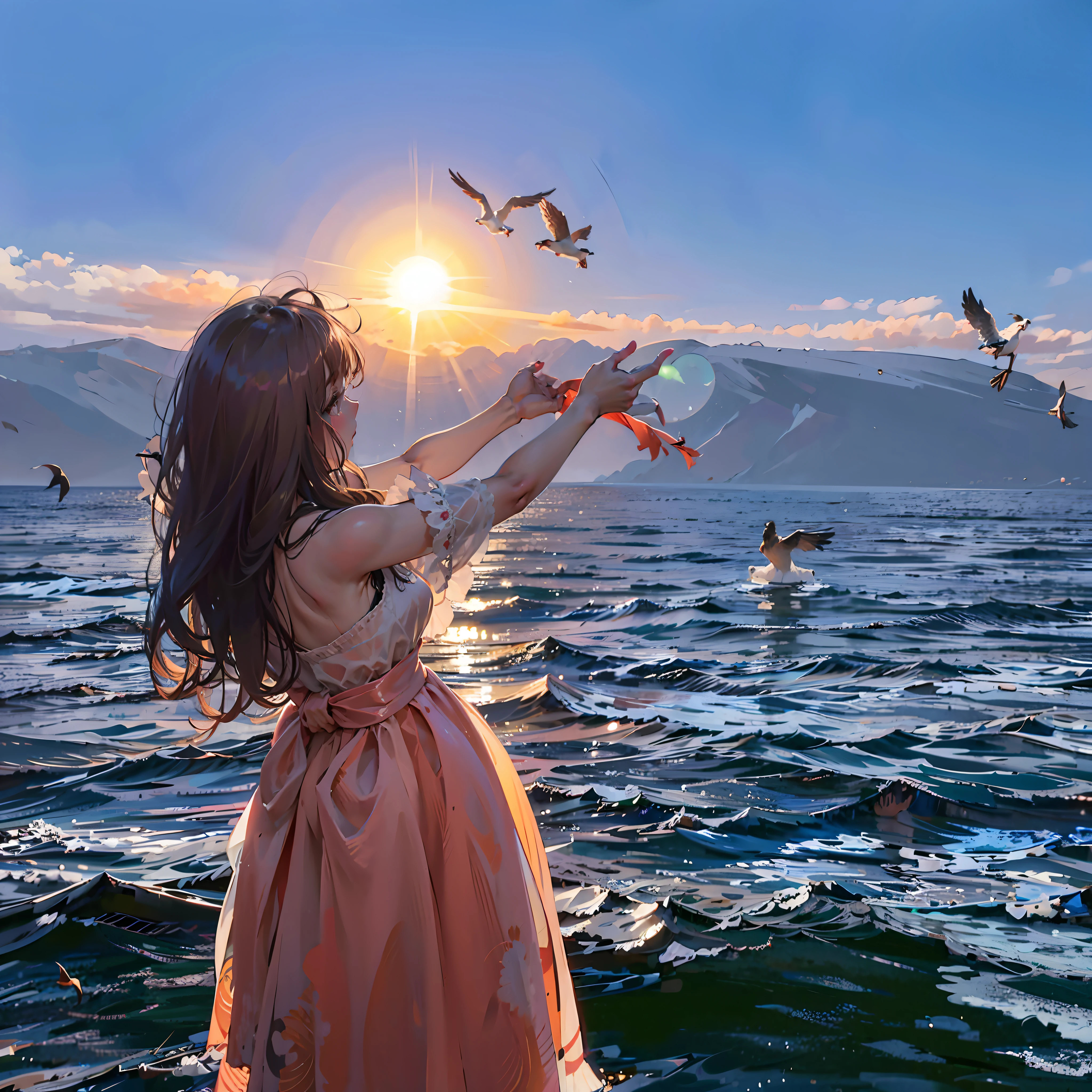 Wearing a fan dress，Bow belt，Little fairy，Standing by the beach，Seagulls around，Sunset dusk，Sea and sky line，