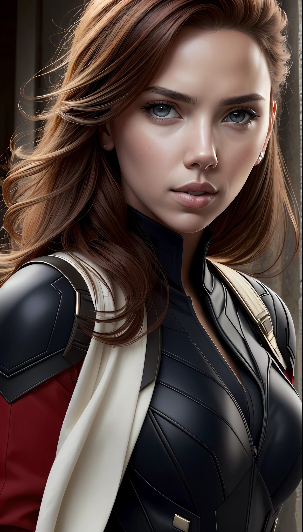 (masterpiece), (best quality), (photorealistic:1.3), 8k, detailed skin texture, detailed cloth texture, beautiful detailed face, intricate details, ultra detailed, scarlett johansson, Black Widow in the style of the Captain America, straight red hair, (full-length body:1.2)