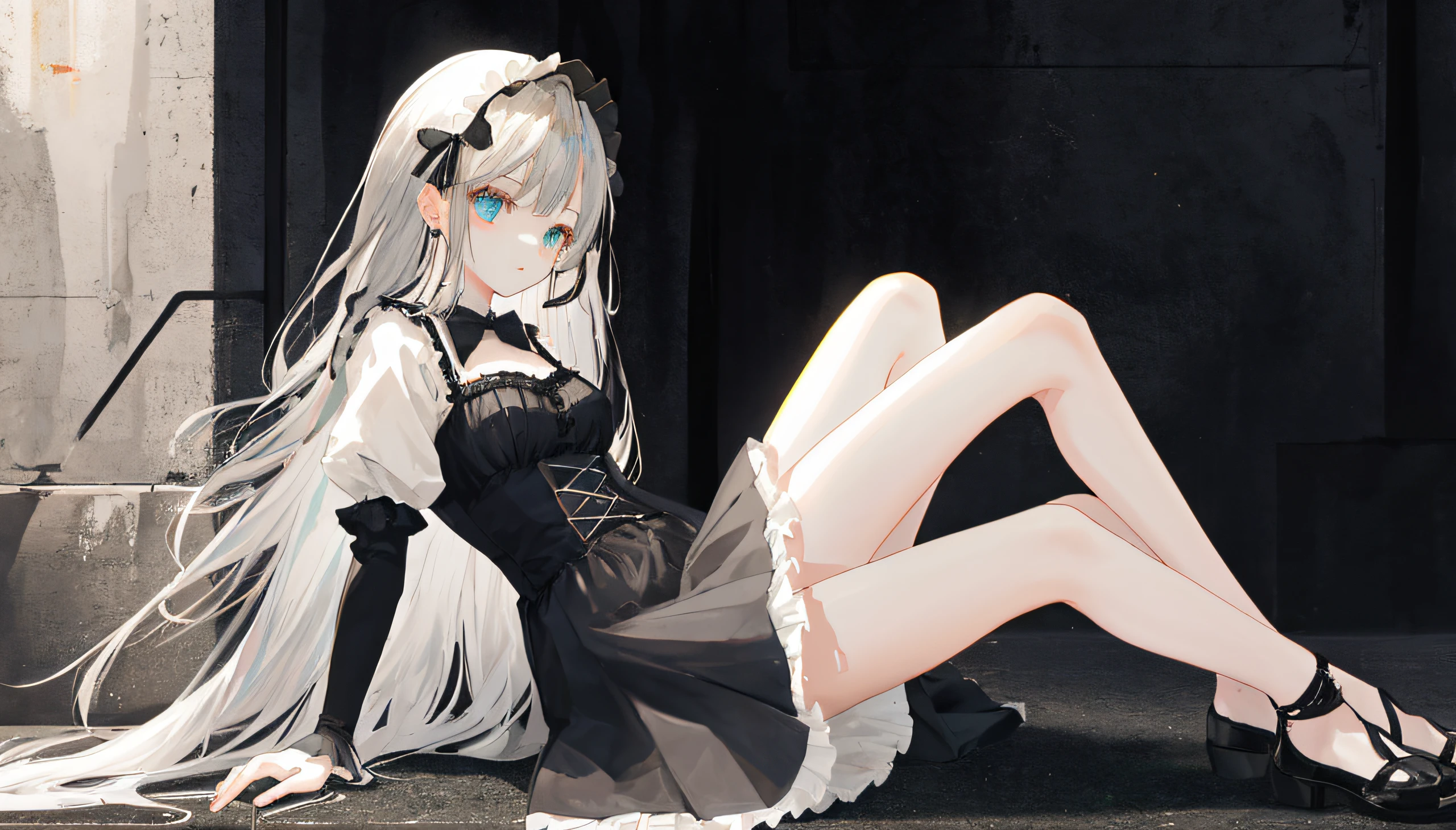 The girl is gray haired，Super long，Wearing ****ta，The legs are very thin，sitting on the ground，Face towards us，The picture should show the whole girl's body shape