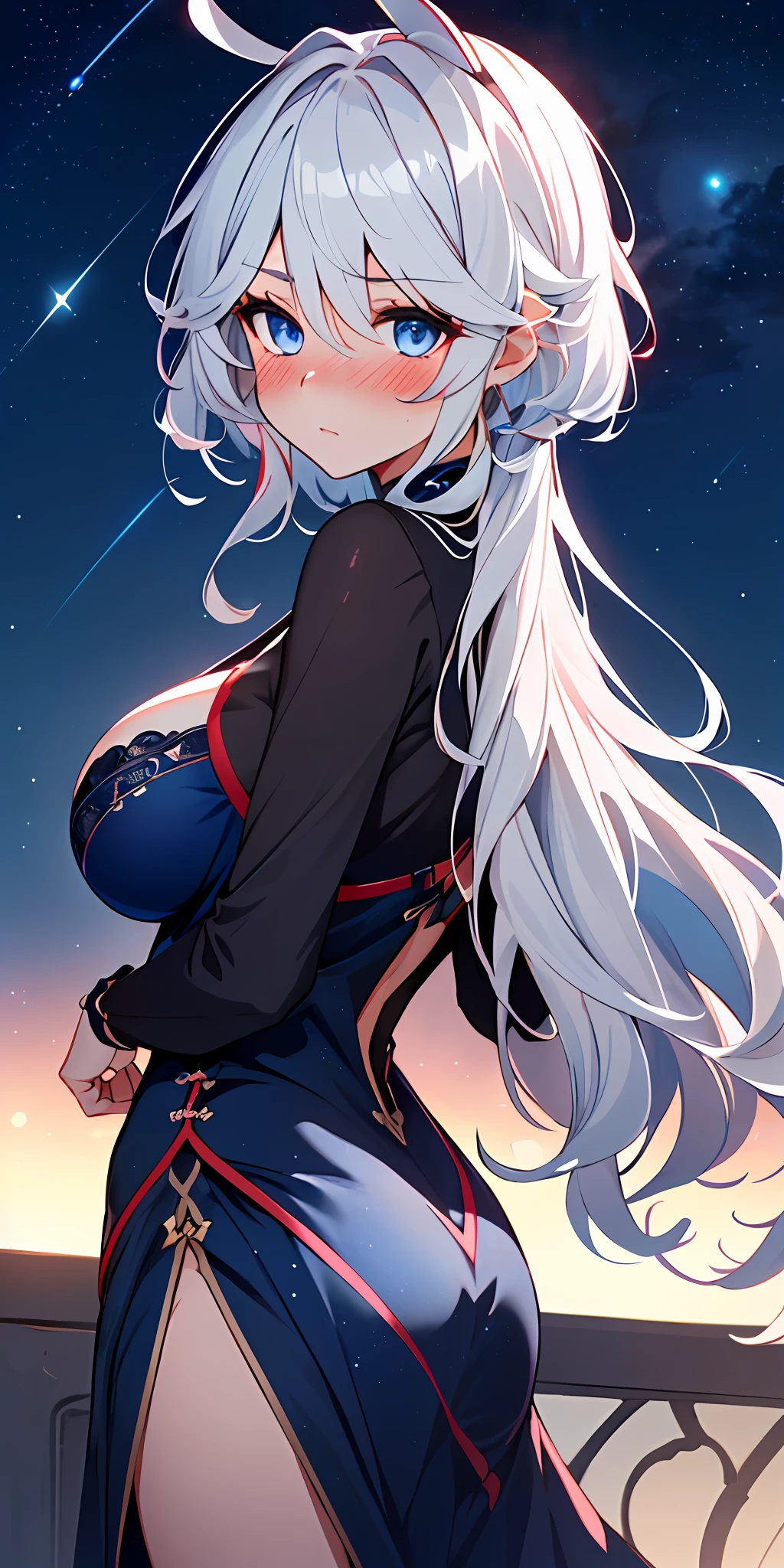 1girl, solo, , , (from above, from front view), (blushing:1.3), (peaked :1.6), pov, masterpiece, highest quality, 8k, red silver hair, sfw,hand on chin, confident look, night sky stars background, Chinese dress, red hair, dark blue eyes, looking back at viewer