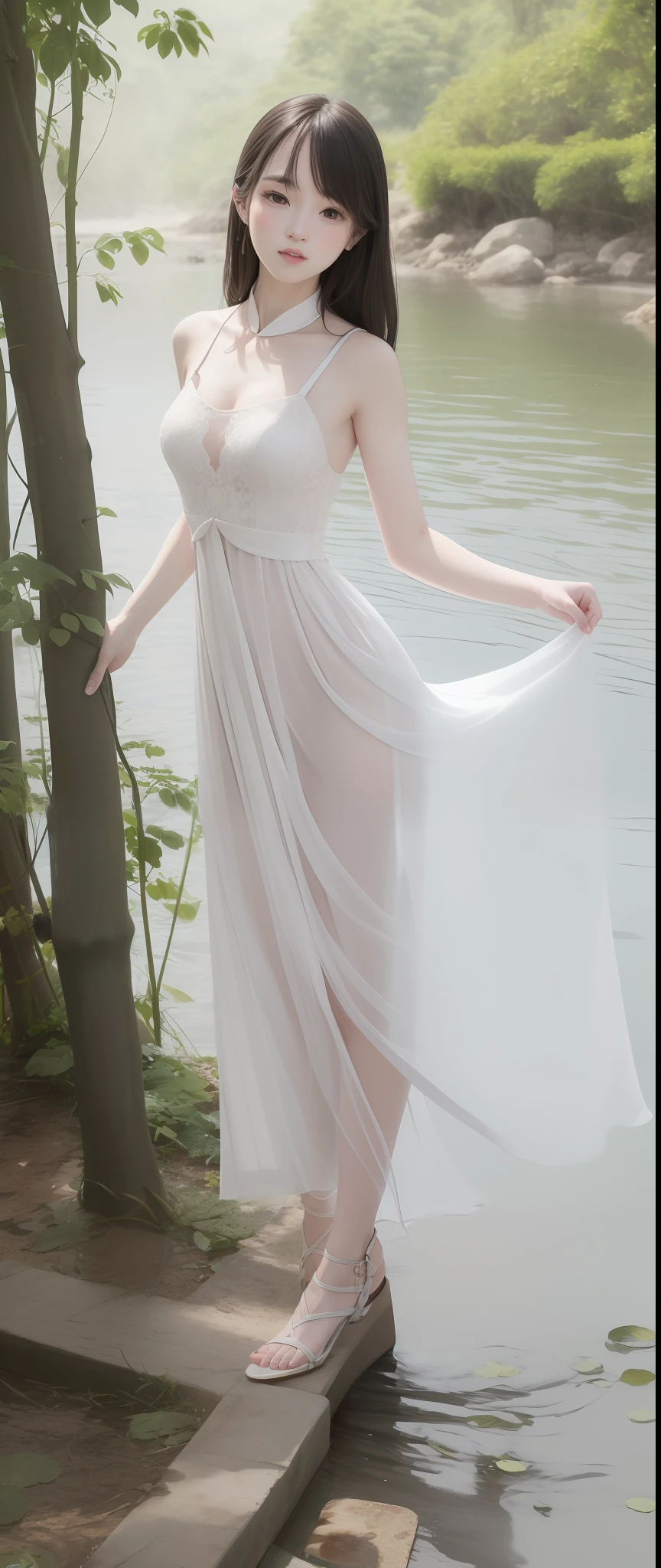 ((4k,masterpiece,best quality)), shuimobysim, Traditional chinese painting, lotuses, Hanfu, maxiskit, Dress conservatively 1girl, solo, blue long hair, ssmile, standingn, Feet in the water, white Heels，