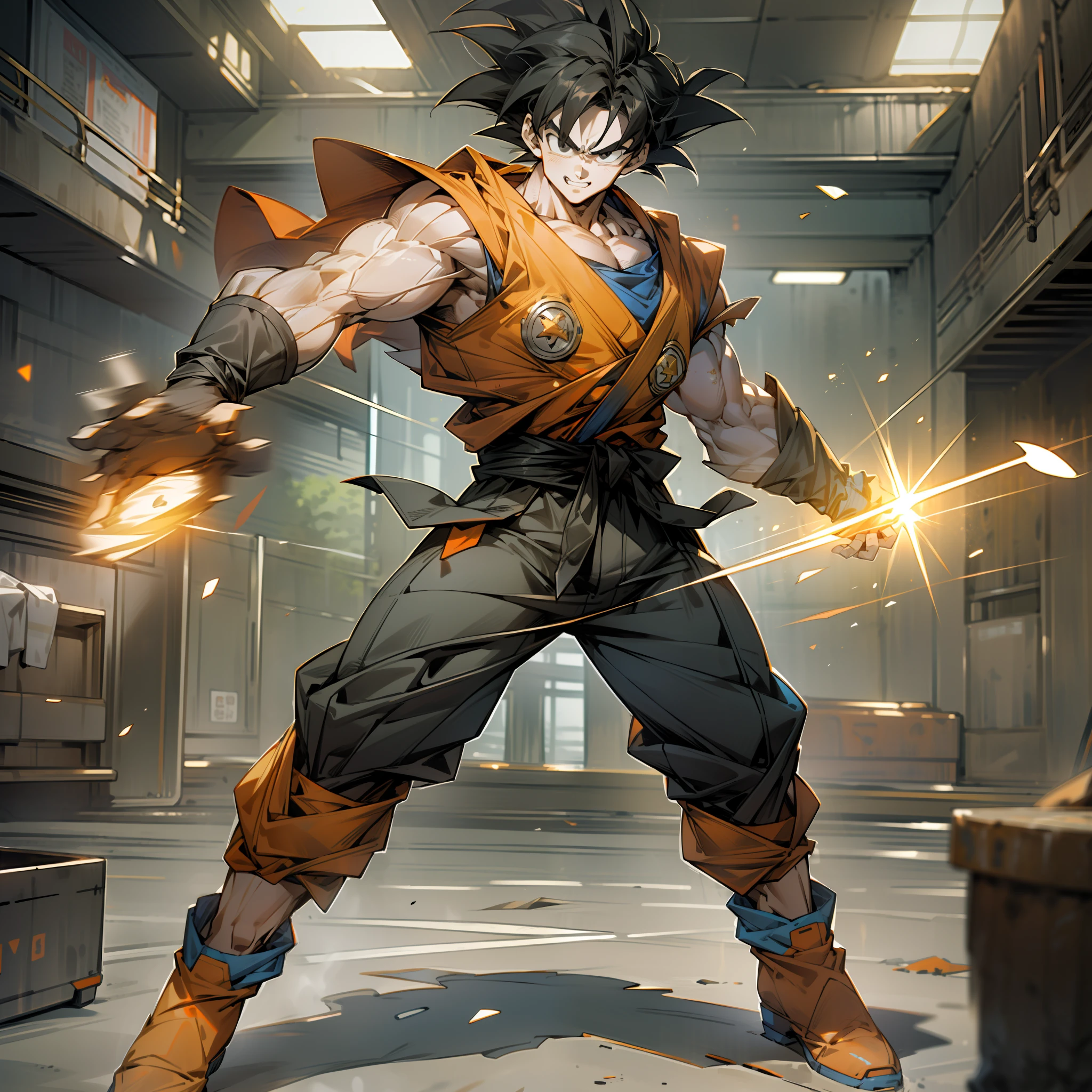 masterpiece, best quality, 1boy, (goku), short hair, black hair, black eyes,  blue boots, orange clothes, training, standing, smiling, angry face, aura power, night, natural light,standing, angry eyes,  smiling, black hair, male focus, strong muscles, movie composition, deth of field, bokeh, (futuristic), (full body),