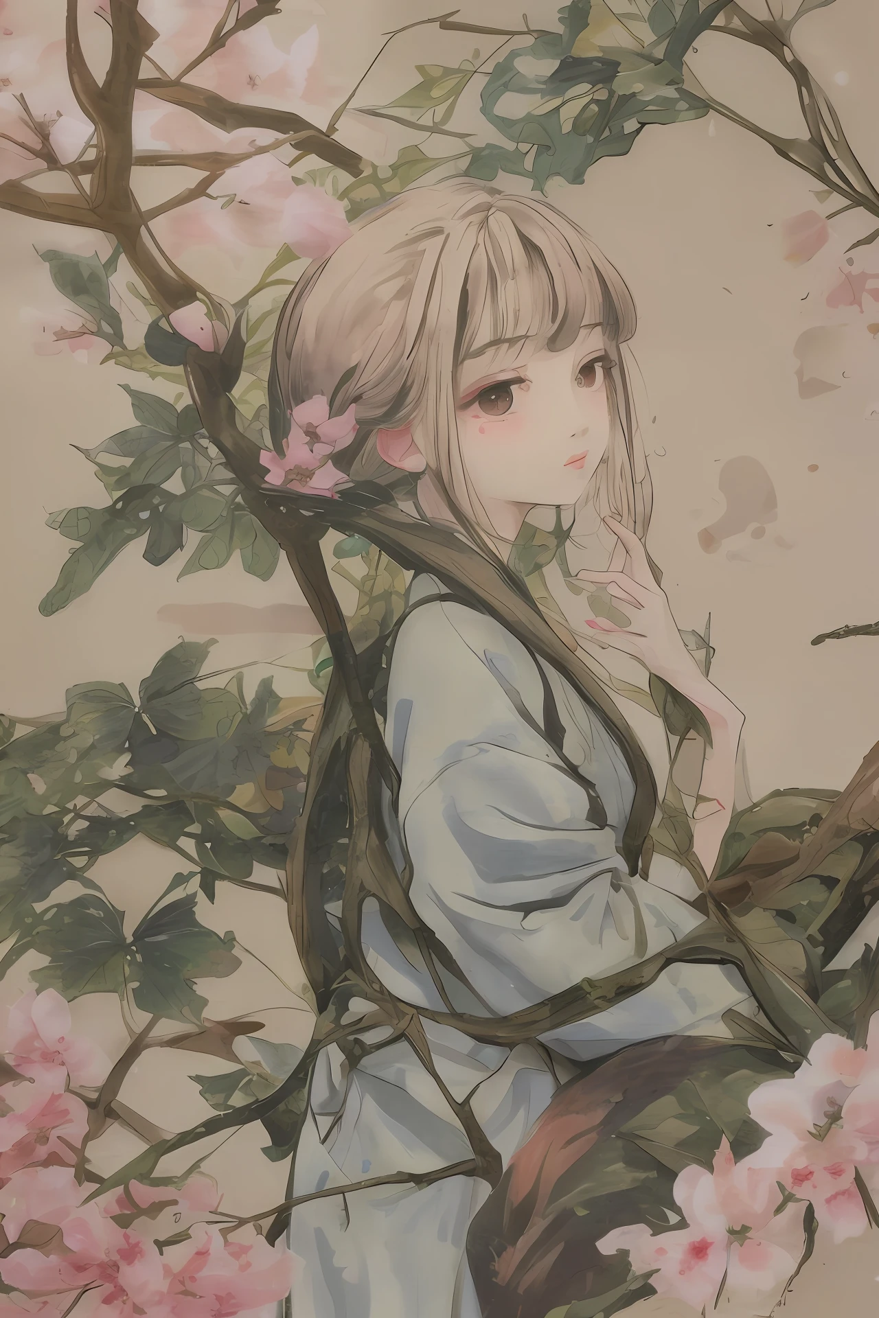 Branches of cherry blossoms、Entangled ivy、no human figures、wall-paper、Pastel tones、Delicate touch