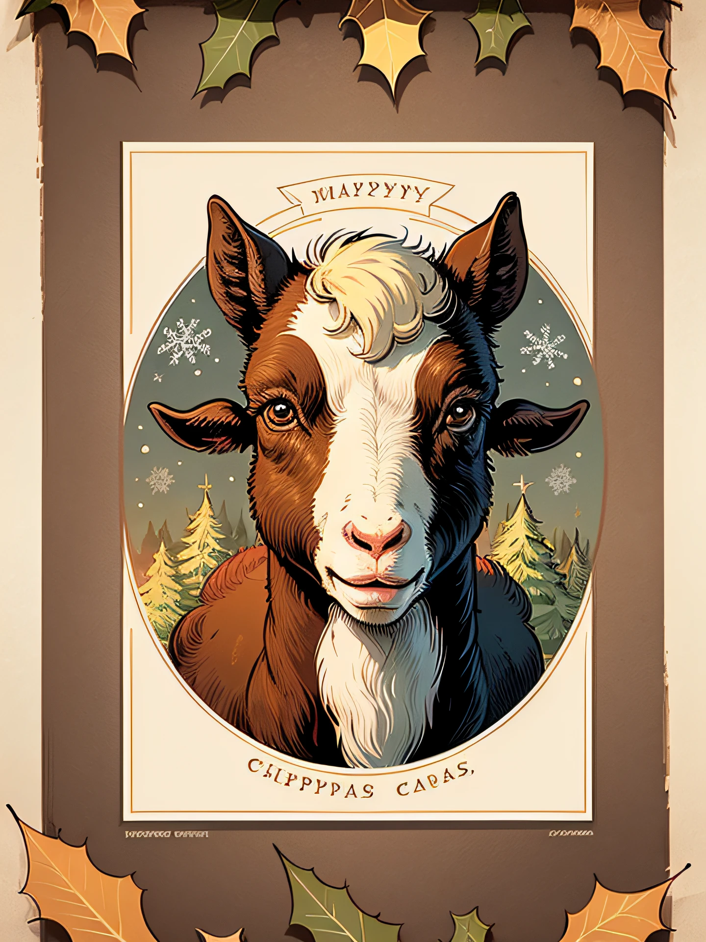 comic book! goat, vintage, antique, illustrated Christmas card, image centered inside wide border around all four sides, vertical rectangle, drawn vertically, in the style of Kate Greenaway!, extra highly detailed drawing, simple, flat!, vector art!--no shadows, illustration! red, green, brown, --auto