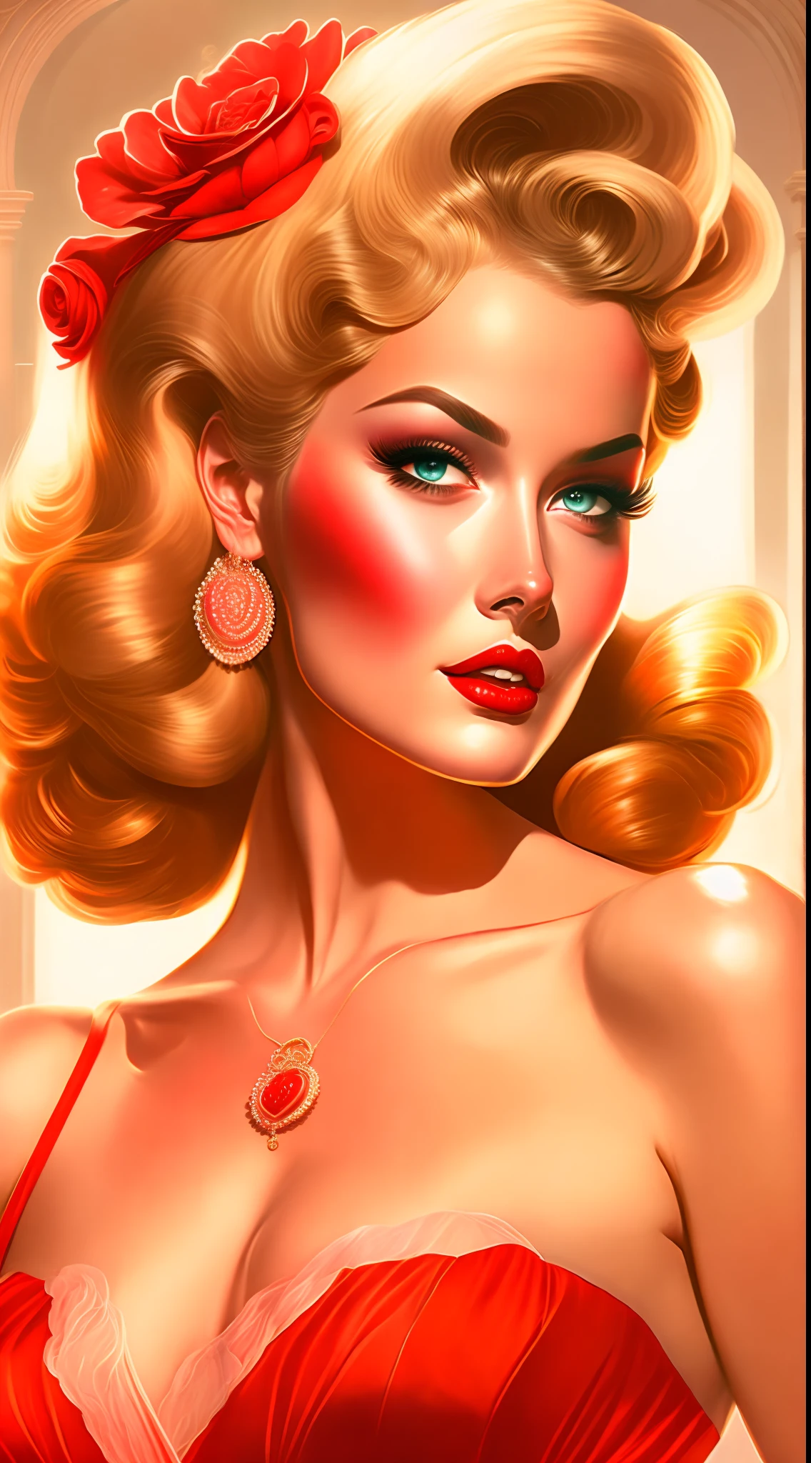 [Masterpiece], [melhor qualidade], [ultra-detalhado], [estilo vintage], [Romantic], [Vibe dos anos 60], [Pin-up], uma rosa vermelha dentro de um circulo.