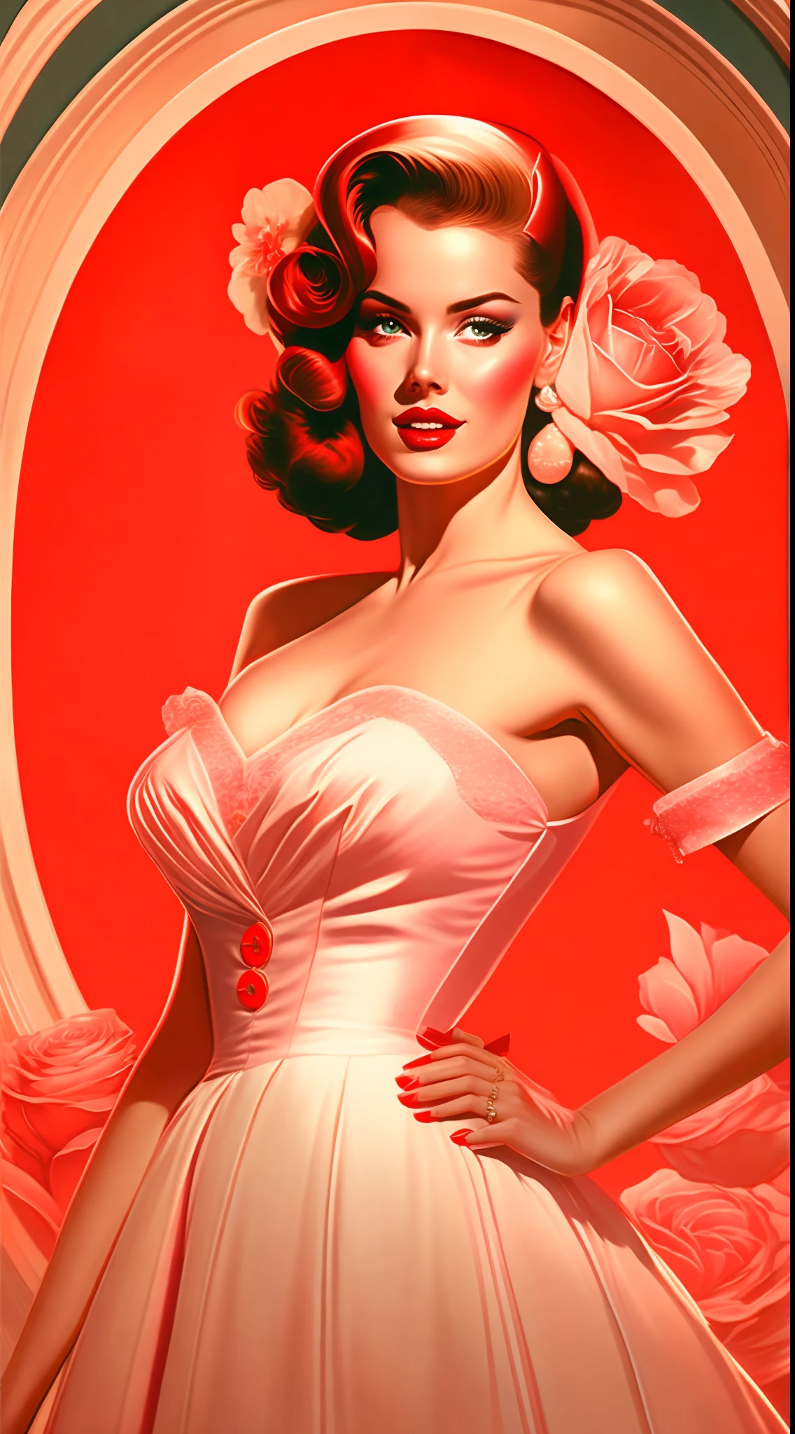 [Masterpiece], [melhor qualidade], [ultra-detalhado], [estilo vintage], [Romantic], [Vibe dos anos 60], [Pin-up], uma rosa vermelha dentro de um circulo.
