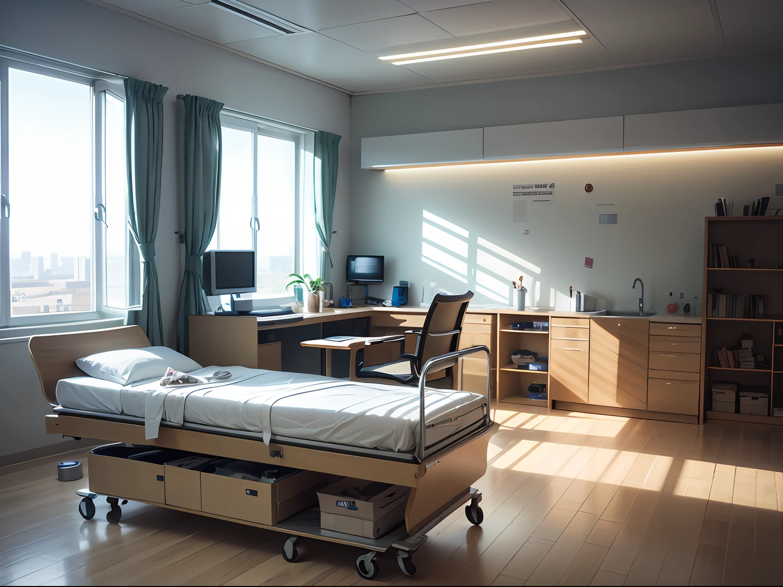 The futuristic infirmary is a futuristic environment, limpo e organizado;, with white walls and medical equipment arranged on tables and shelves.