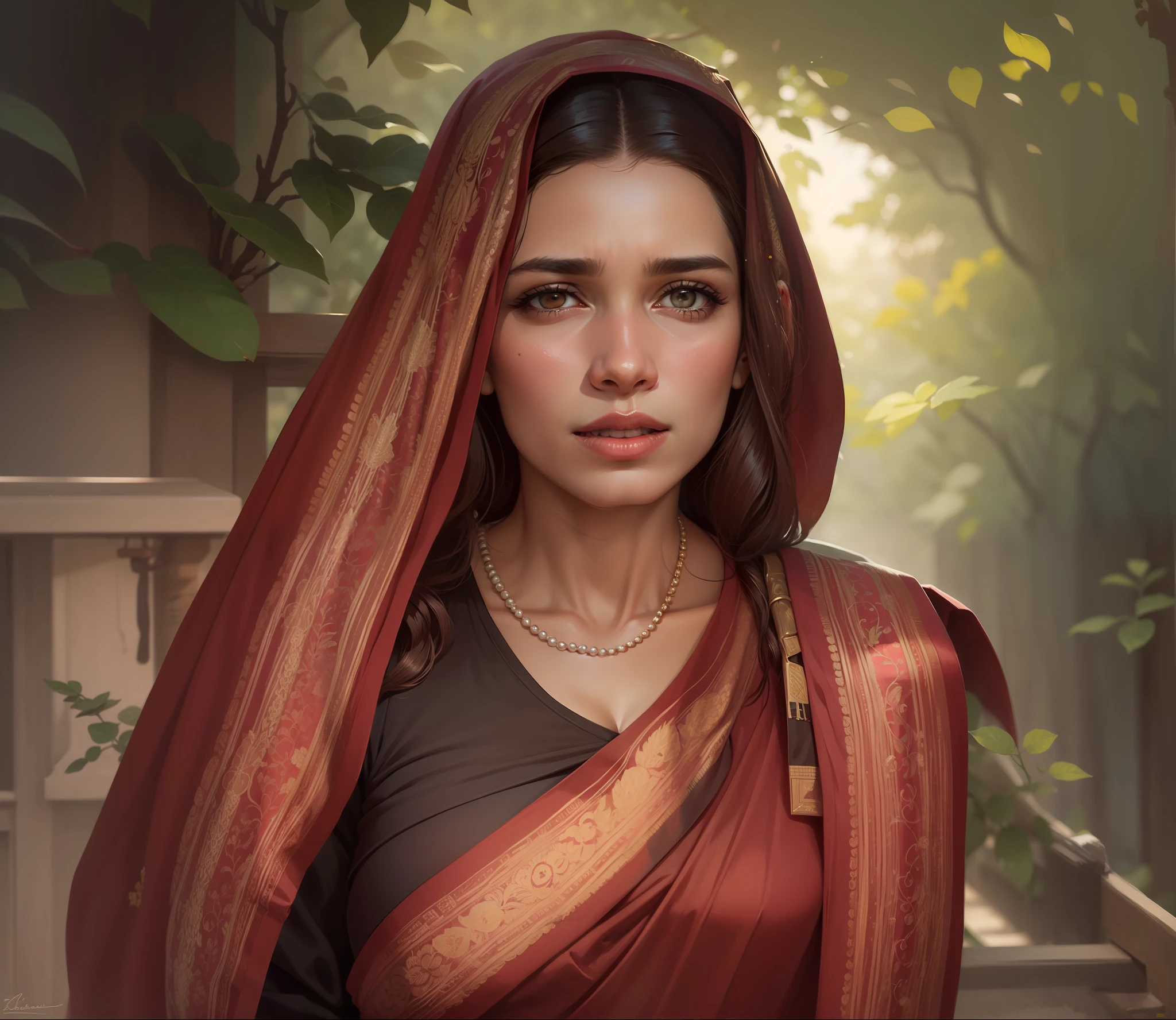painting of a a woman in a maroon colour sari ,40 years old face ,close mouth, dressed in a sari, brown hair, savitribai phule