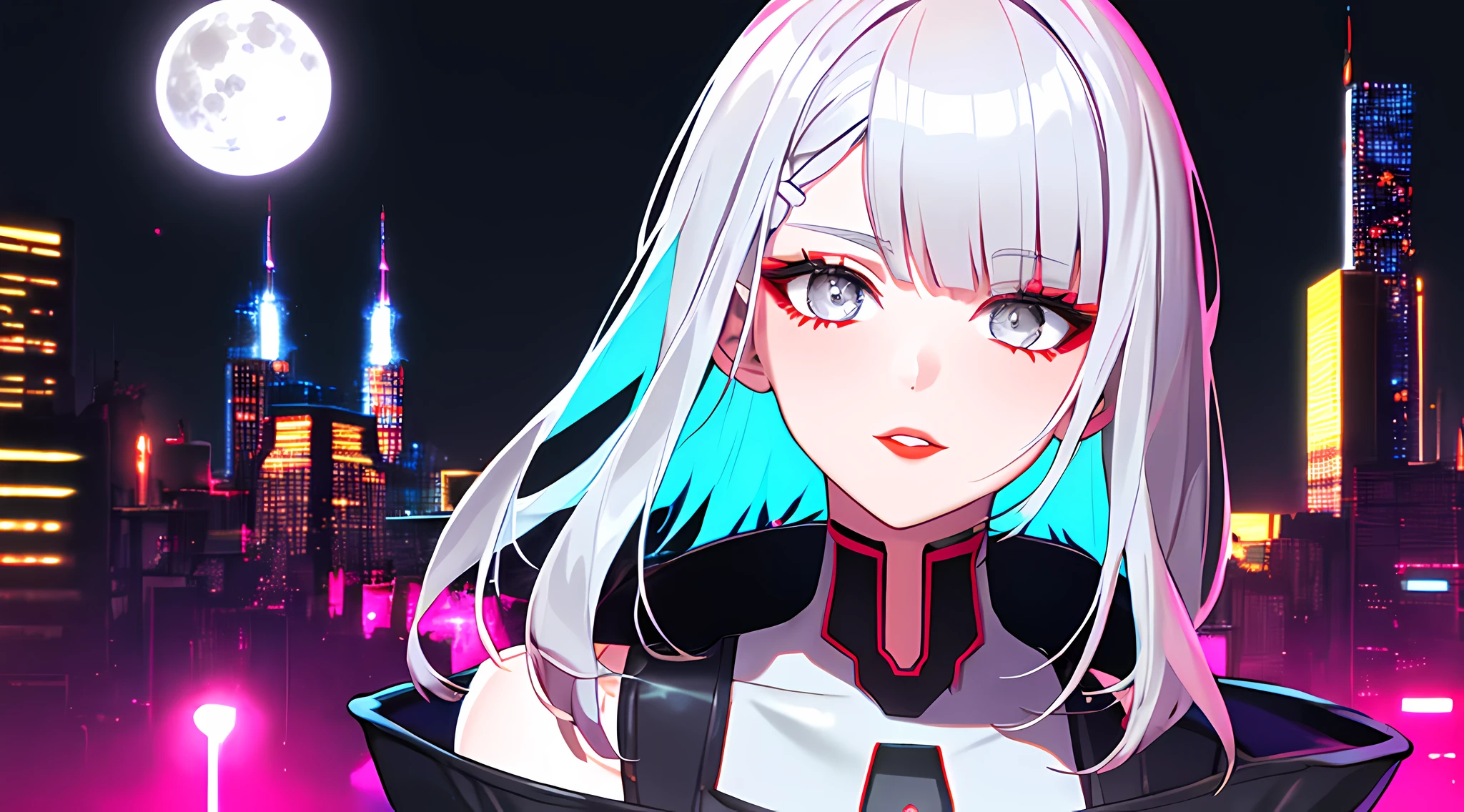 lucy \(cyberpunk\), 1girl,  hair scrunchie, hime cut, silver hair, colored tips, full moon, grey eyes, jacket, long sleeves, looking at viewer, medium hair, multicolored hair, parted bangs, parted lips, pink hair, portrait, red eyeliner, red lips, solo, white jacket, cyberpunk \(series\), rainy night in a cyberpunk city with glowing neon lights