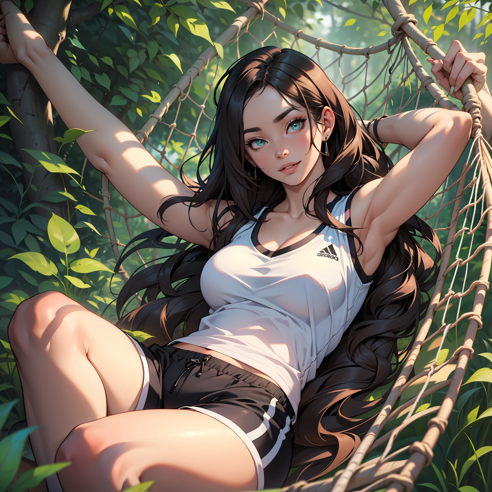 (((A young woman))), the anime, Green eyes, black hair, Nice face, a smile, the perfect body, Wavy Hair, longye hair, (((brunette woman))), big breastes, ((шедевр, beste-Qualit)), illustration, ультра детализированная 8k, Photorealistic, sharp-focus, higly detailed, Professional lighting, colorful details,Glowing, Vivid details, Rainbow colors, narrow eyebrows, beatiful face, long dark eyelashes, plump beautiful lips, (gym shorts), (sports jersey), tracksuit,Detailed Face, garden, the trees, hammock, A hammock hangs between the trees, relax in a hammock, lying in a hammock