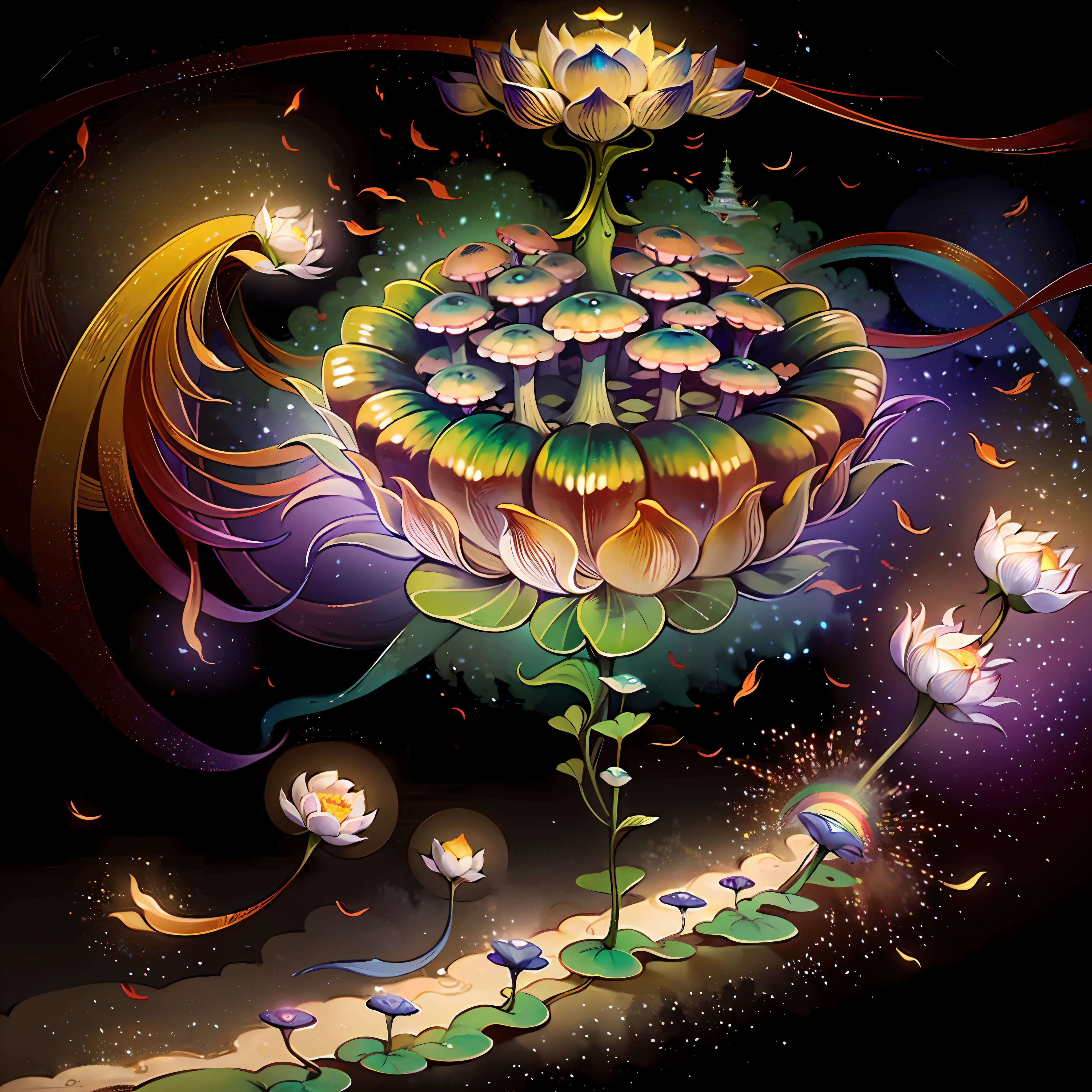 An ancient Chinese painting, ancient Chinese background, mountains, rivers, auspicious clouds, pavilions, sunshine,(psychedelic details),(mushrooms),lotus,(rainbow),(trippy),(DMT),intricate details, more details, high details,masterpieces, super detail, epic composition, ultra HD, high quality, extremely detailed, official art, unified 8k wallpaper,(show full objects ),Super detail, 32k -- v 6
