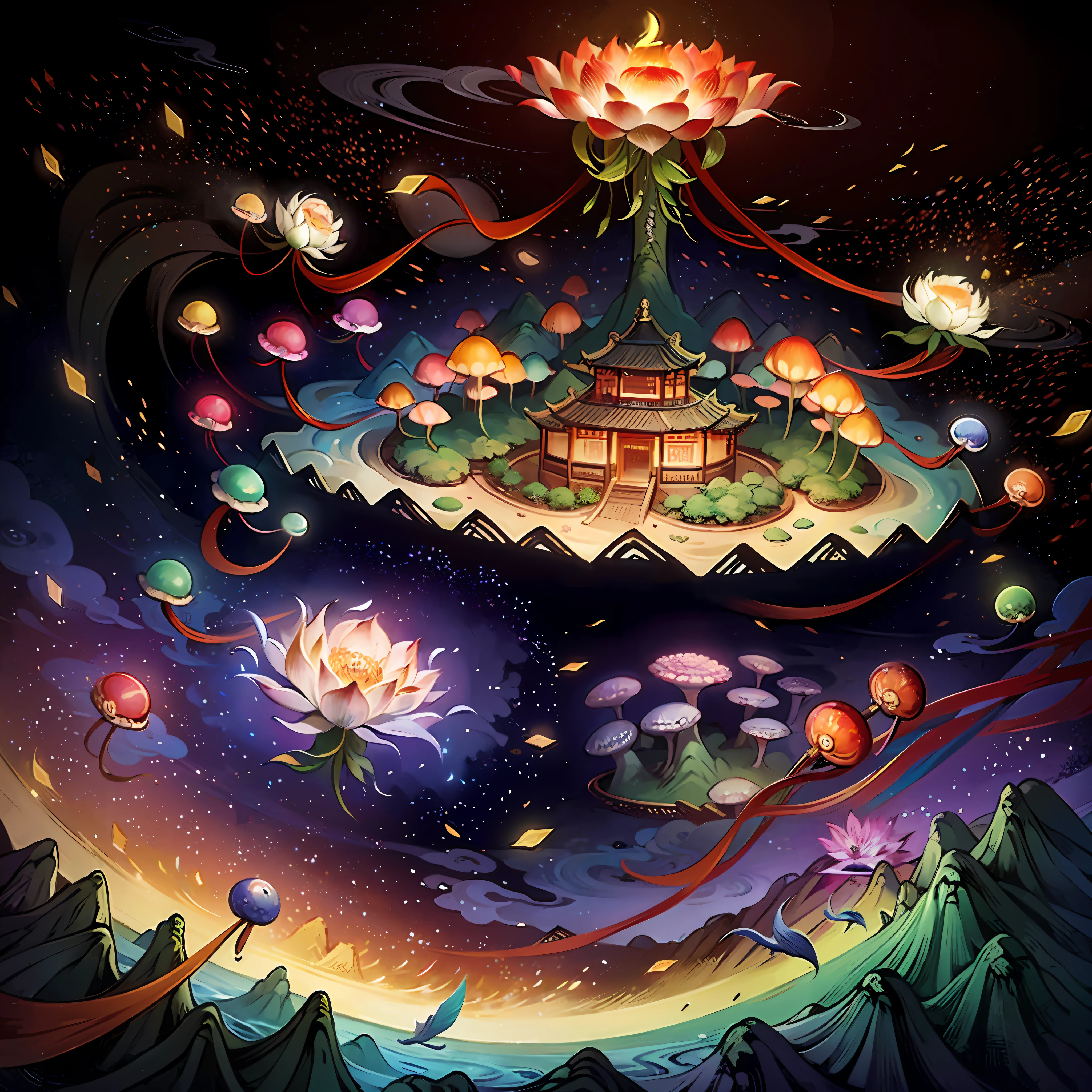 An ancient Chinese painting, ancient Chinese background, mountains, rivers, auspicious clouds, pavilions, sunshine,(psychedelic details),(mushrooms),lotus,(rainbow),(trippy),(DMT),intricate details, more details, high details,masterpieces, super detail, epic composition, ultra HD, high quality, extremely detailed, official art, unified 8k wallpaper,(show full objects ),Super detail, 32k -- v 6