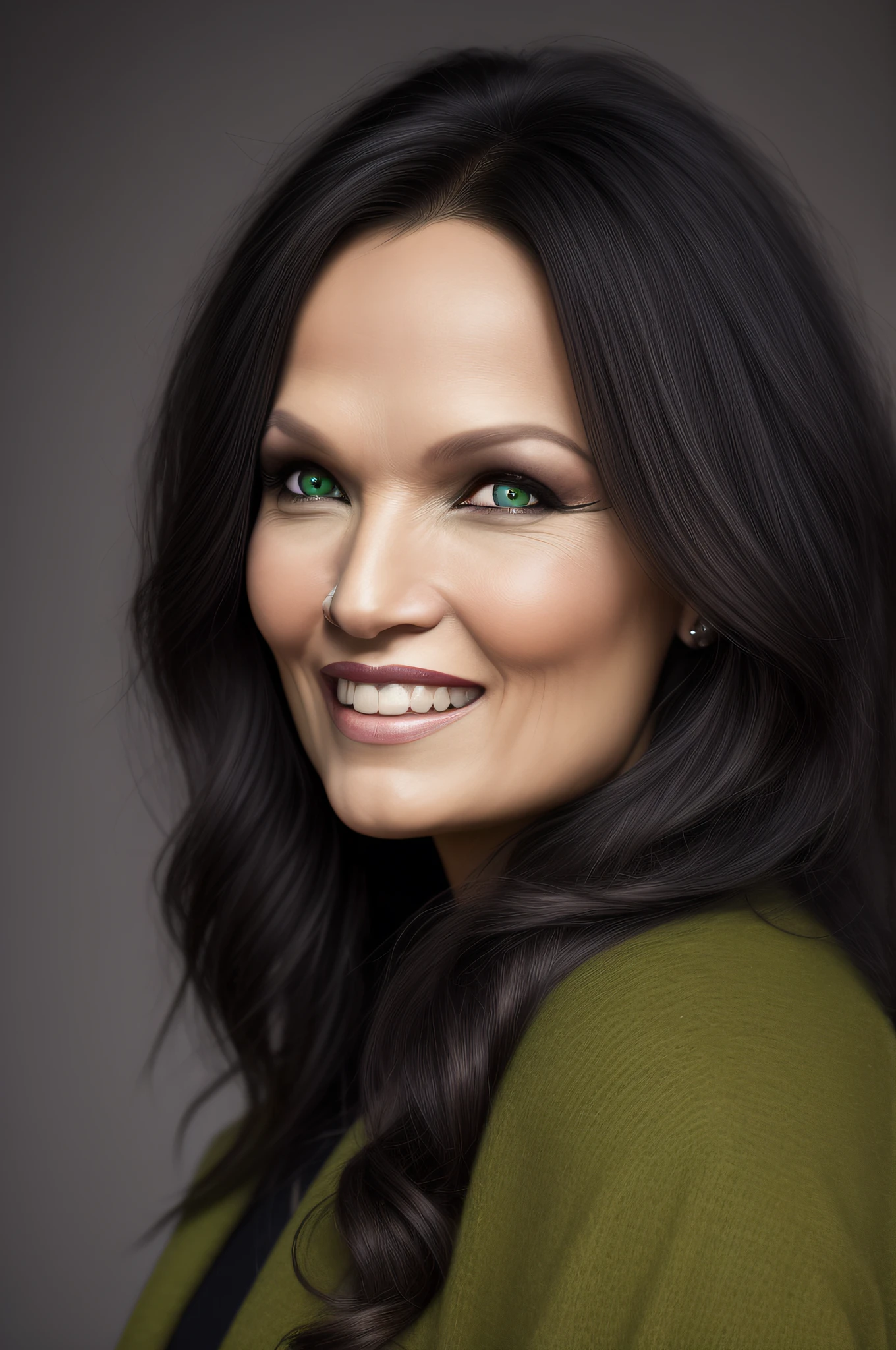 Retrato Tarja Turunen, sozinha, sorrindo, Solitude, cabelo preto, olhos verdes, foto profissional, Ultra high definition, 8k, Ultra sharp focus, Obras de arte intrincadas, altamente detalhado,  luz suave