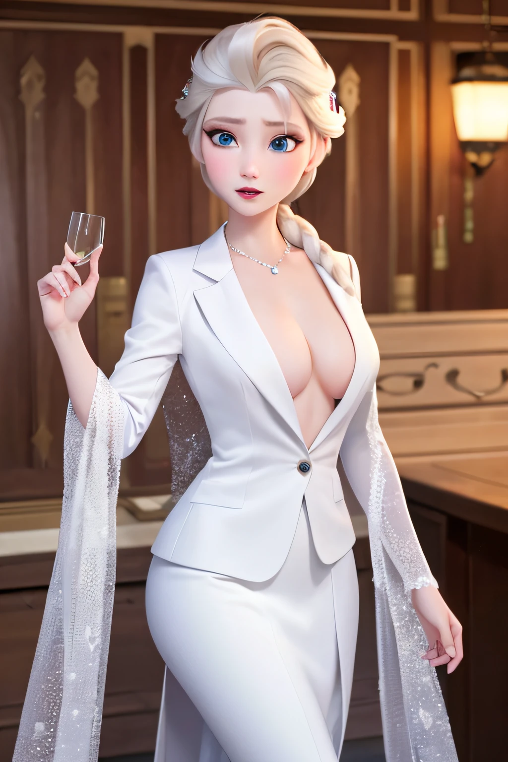 (masterpiece:1.4), (best qualit:1.4), (high resolution:1.4), Frozen Elsa, Disney princess Elsa, a woman in a white blazer posing for a picture, elegant decollete, elegant sleek smooth body, sexy Elsa, wearing a blazer, pearl necklace, elegant highly detailed, white coat, nubile body, generous cleavage open jacket, young sexy elegant woman, sexy girl with dark complexion, decolletage, glamorous and sexy geisha, wearing a white tuxedo