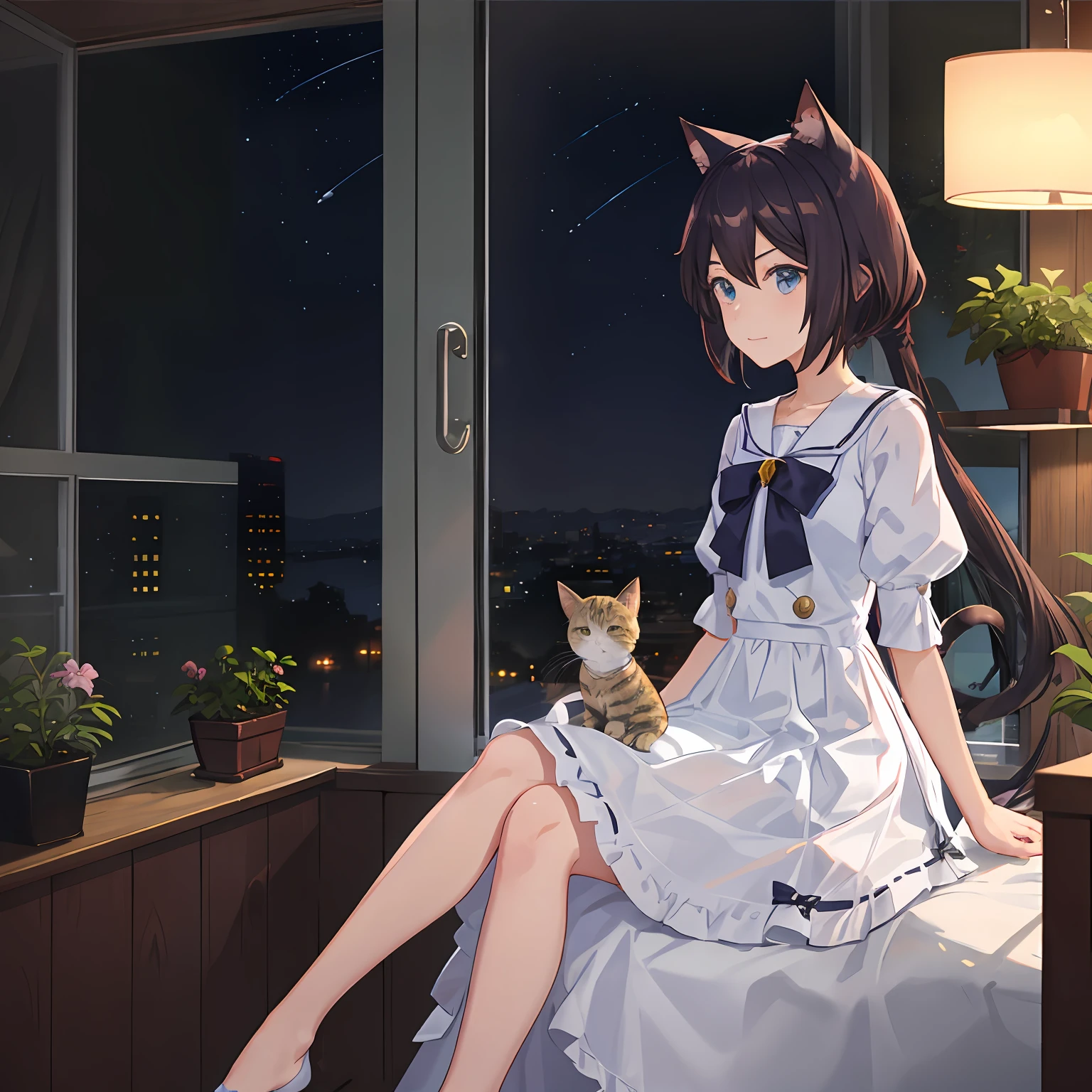 Anime girl sitting on windowsill，Has cat ears, cute anime catgirl, loli in dress, beautiful anime catgirl, Very beautiful anime cat girl, white cat girl, anime catgirl, cute anime waifu in a nice dress, anime girl with cat ears, Attractive cat girl, [ 4 K digital art ]!!, anime cat, Cute anime girl,In the background is a refined room，There are beautiful potted plants，Beautiful starry night view outside the window，